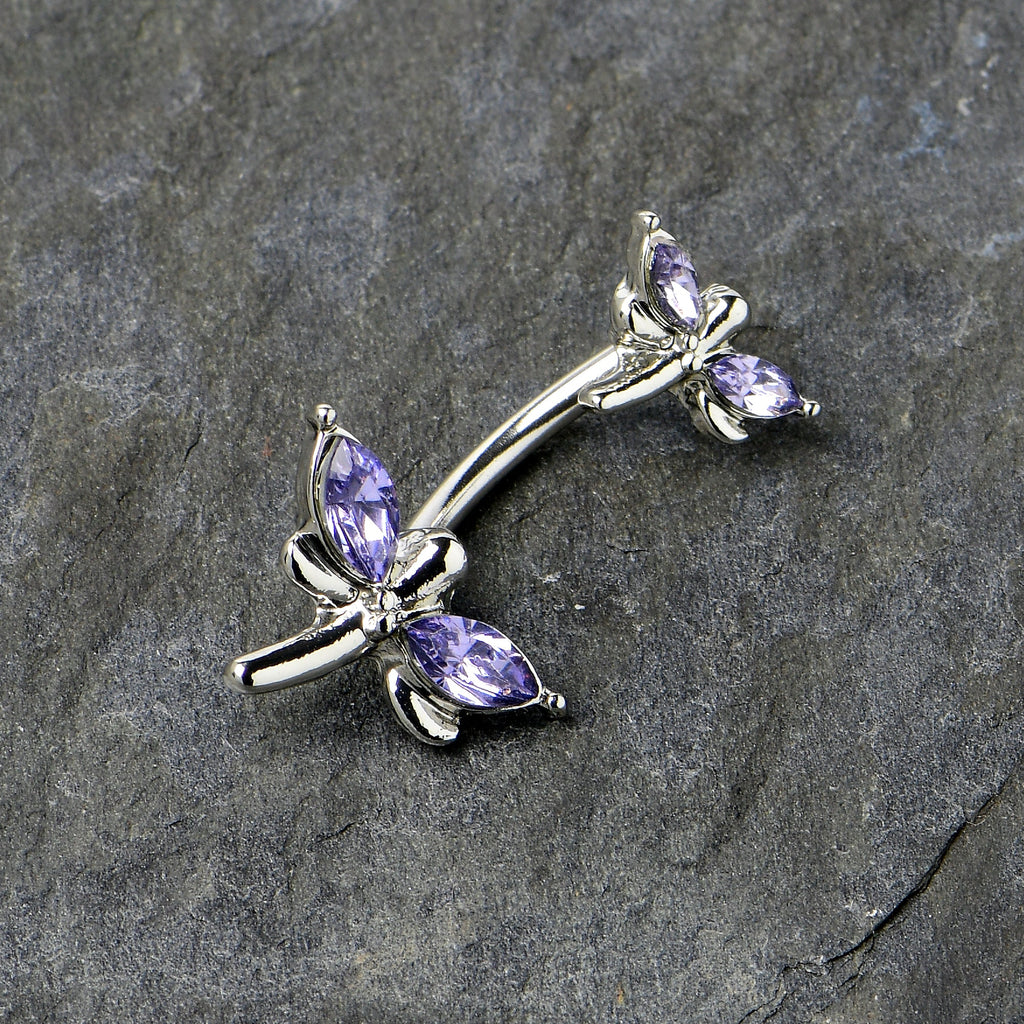 BodyCandy Purple Gem Simple Stylized Dragonfly Double Mount Belly Ring — in-use photo