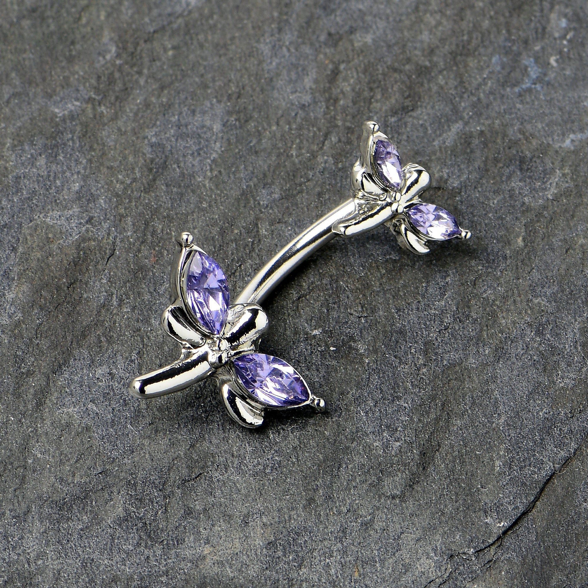 BodyCandy Purple Gem Simple Stylized Dragonfly Double Mount Belly Ring — in-use photo