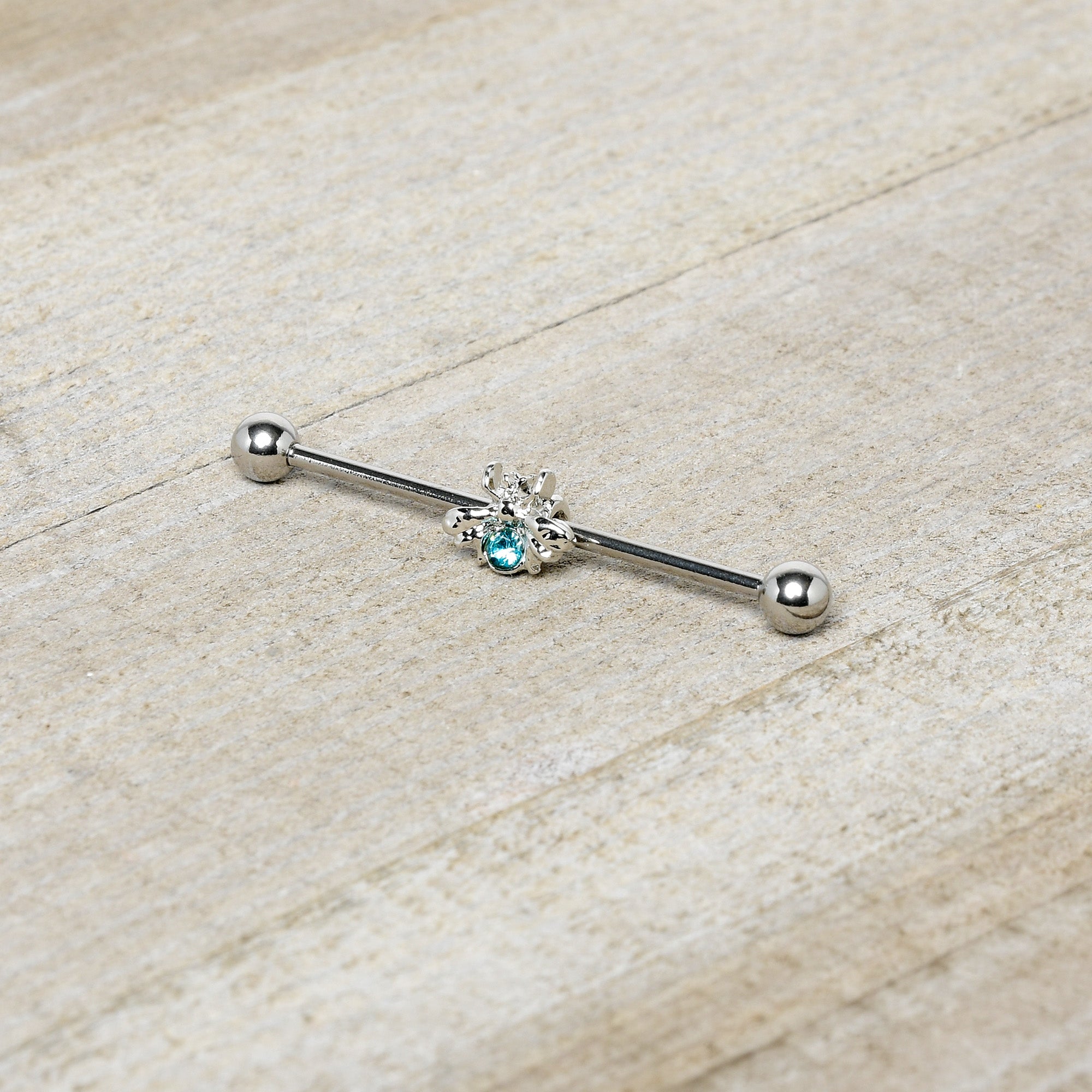 BodyCandy 14G Blue Gem Bee Beautiful Insect Industrial Barbell 38mm — side view