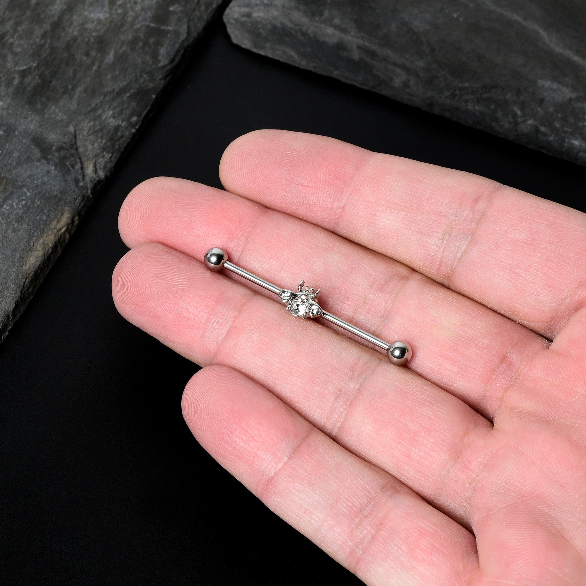 BodyCandy 14G Clear Gem Bee Beautiful Insect Industrial Barbell 38mm — in-use photo