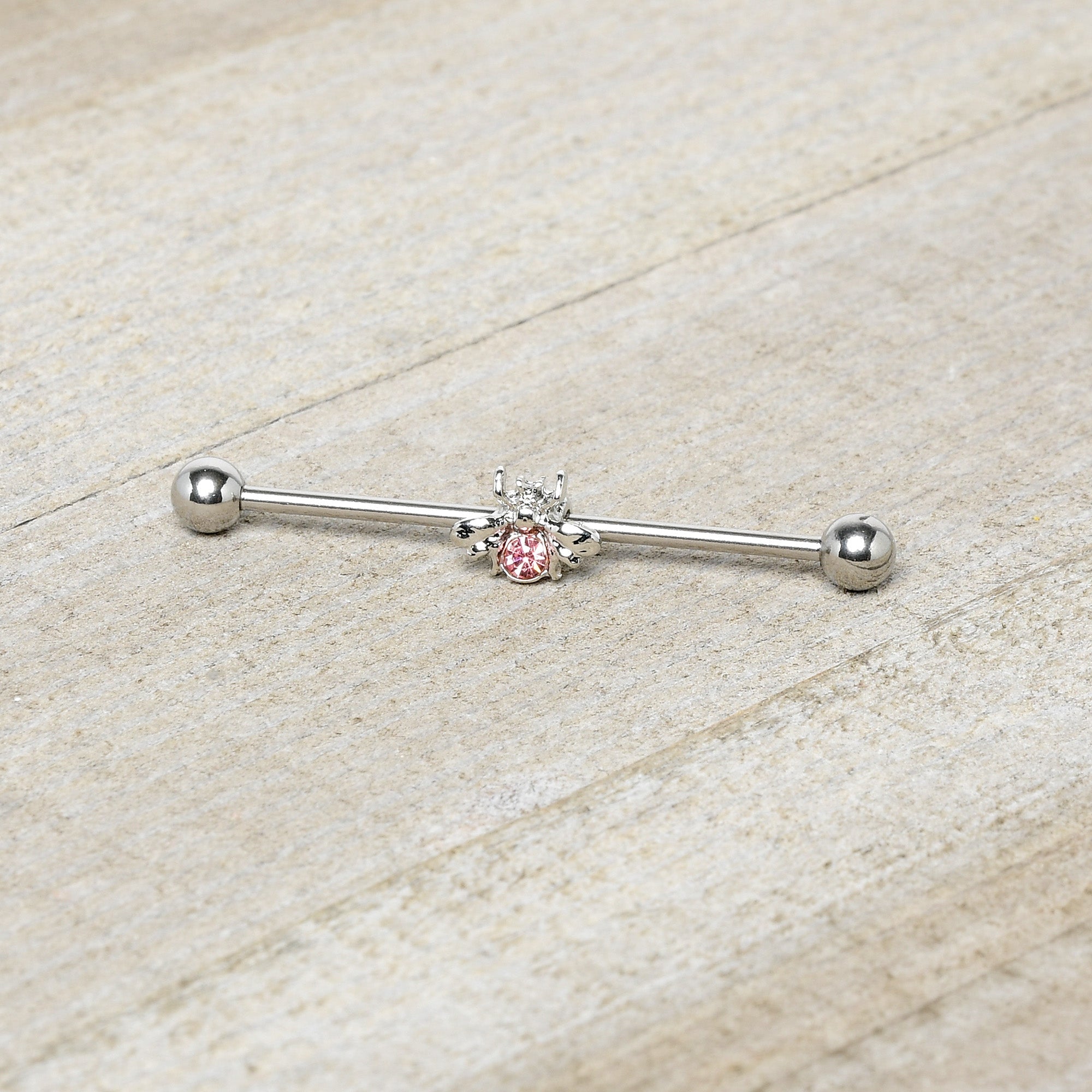 BodyCandy 14G Pink Gem Bee Beautiful Insect Industrial Barbell 38mm — side view