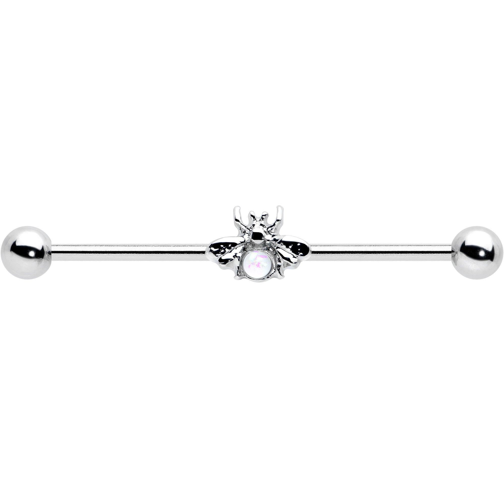 BodyCandy 14G White Faux Opal Bee Beautiful Insect Industrial Barbell 38mm — detail close-up