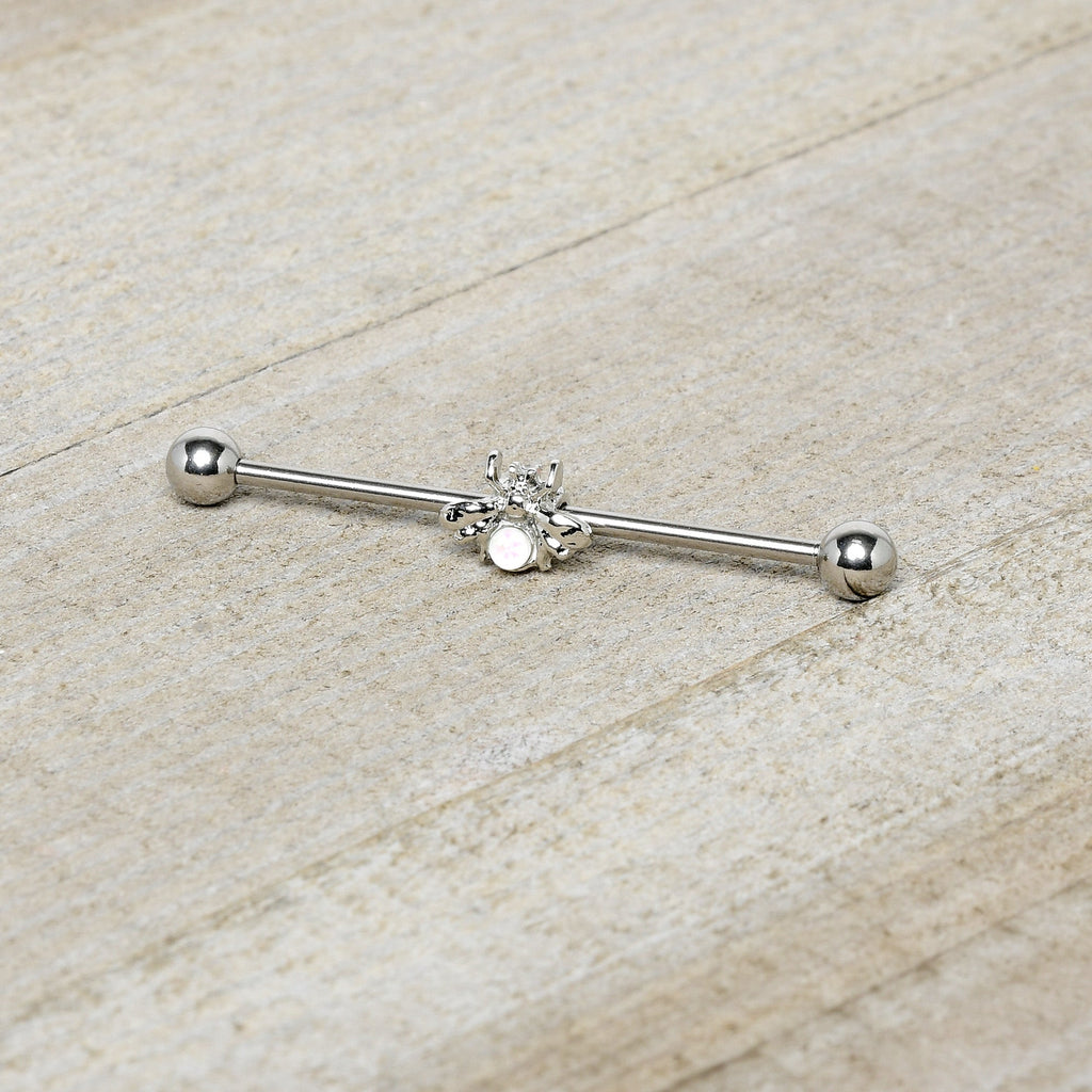 BodyCandy 14G White Faux Opal Bee Beautiful Insect Industrial Barbell 38mm — side view