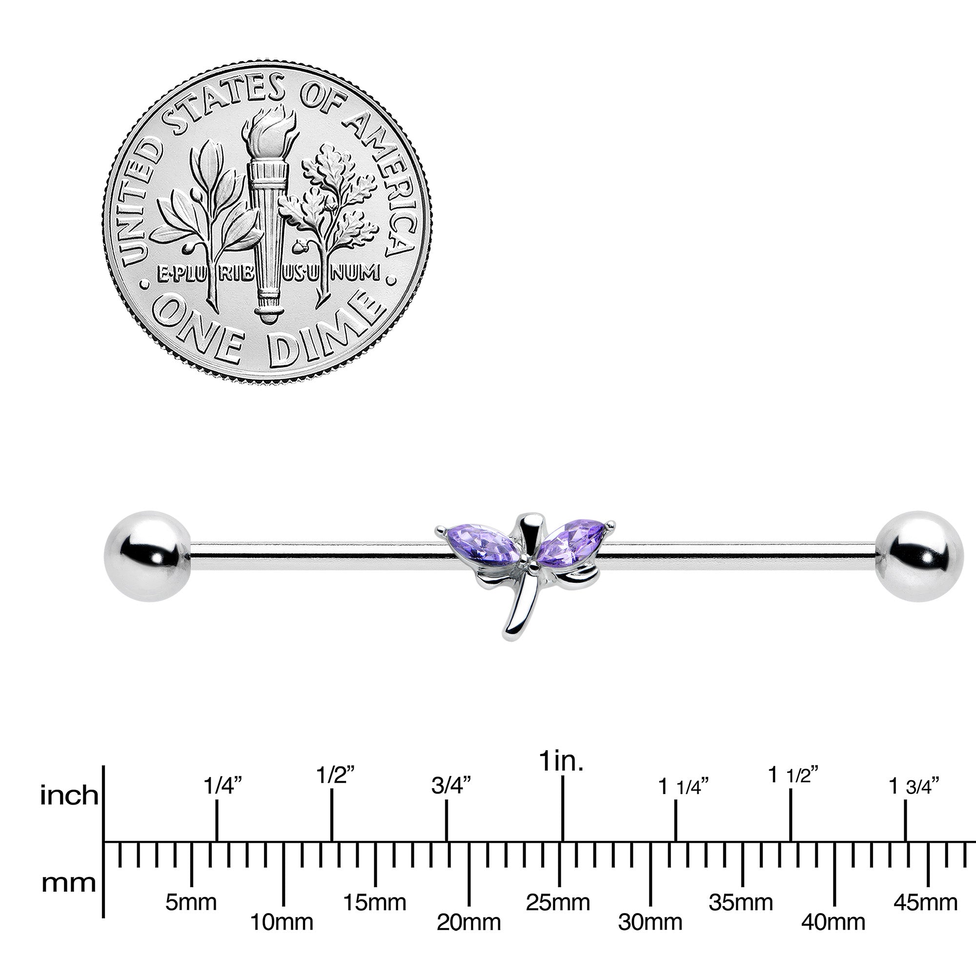 BodyCandy 14G Purple Gem Simple Stylized Dragonfly Industrial Barbell 38mm — lifestyle context