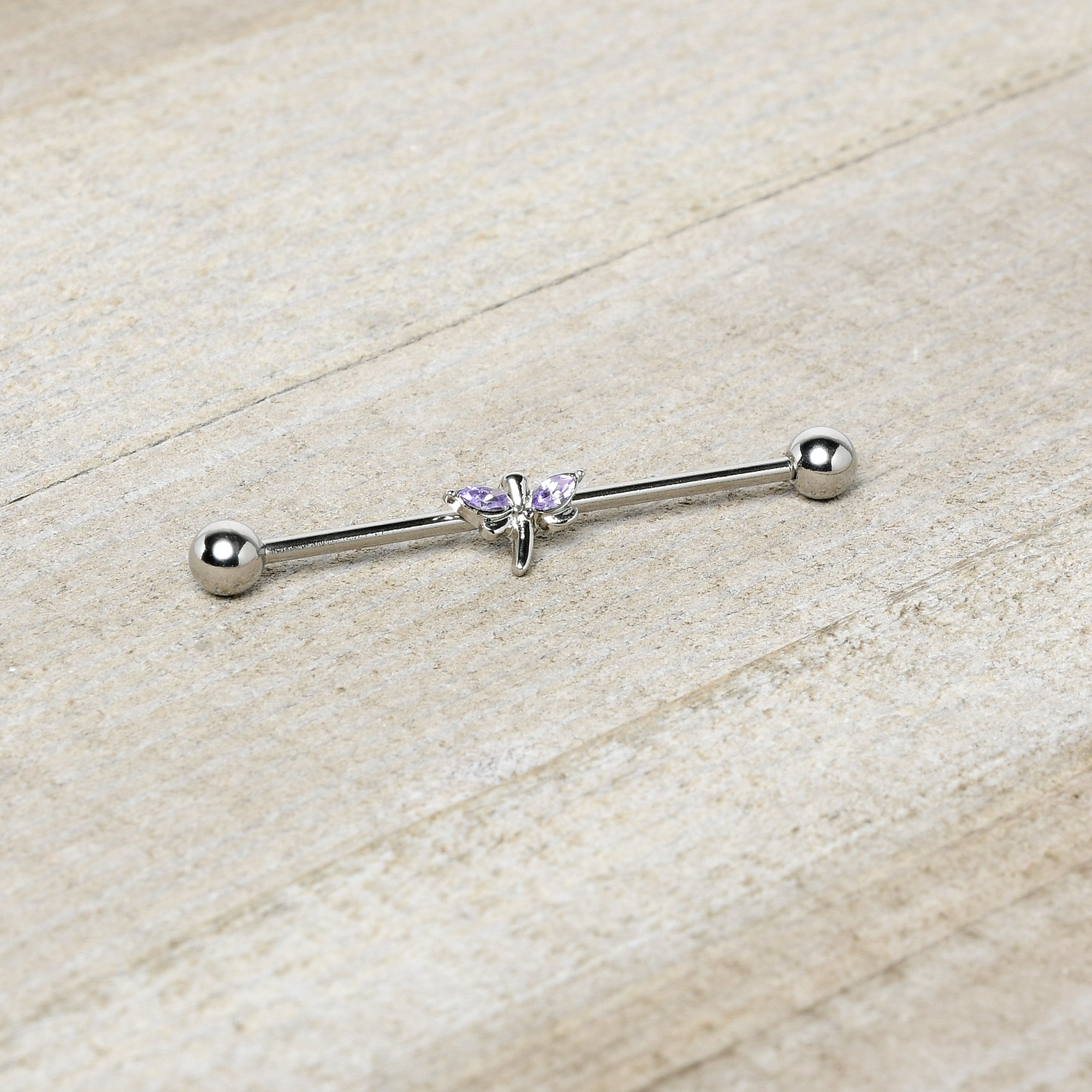BodyCandy 14G Purple Gem Simple Stylized Dragonfly Industrial Barbell 38mm — side view
