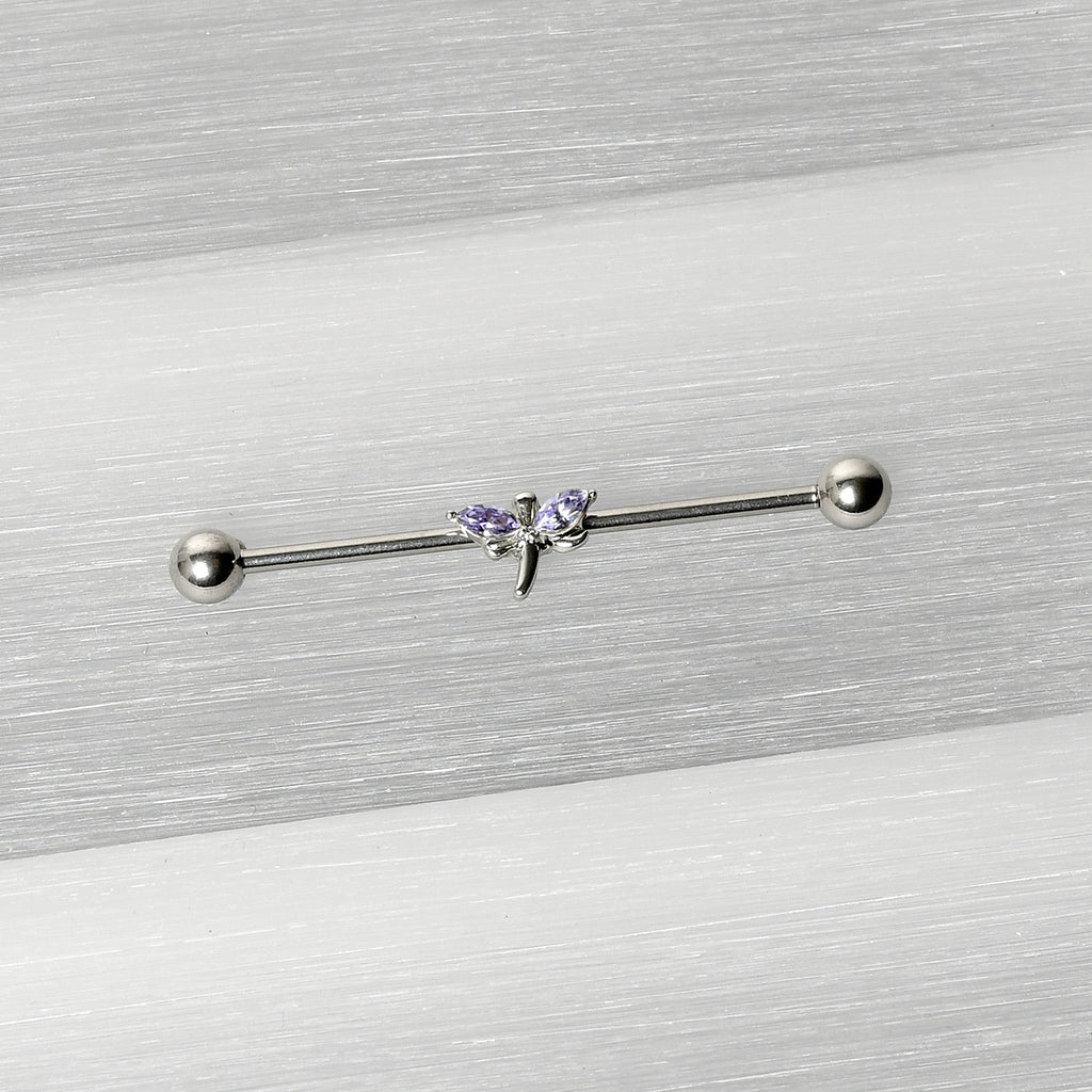 BodyCandy 14G Purple Gem Simple Stylized Dragonfly Industrial Barbell 38mm — back view