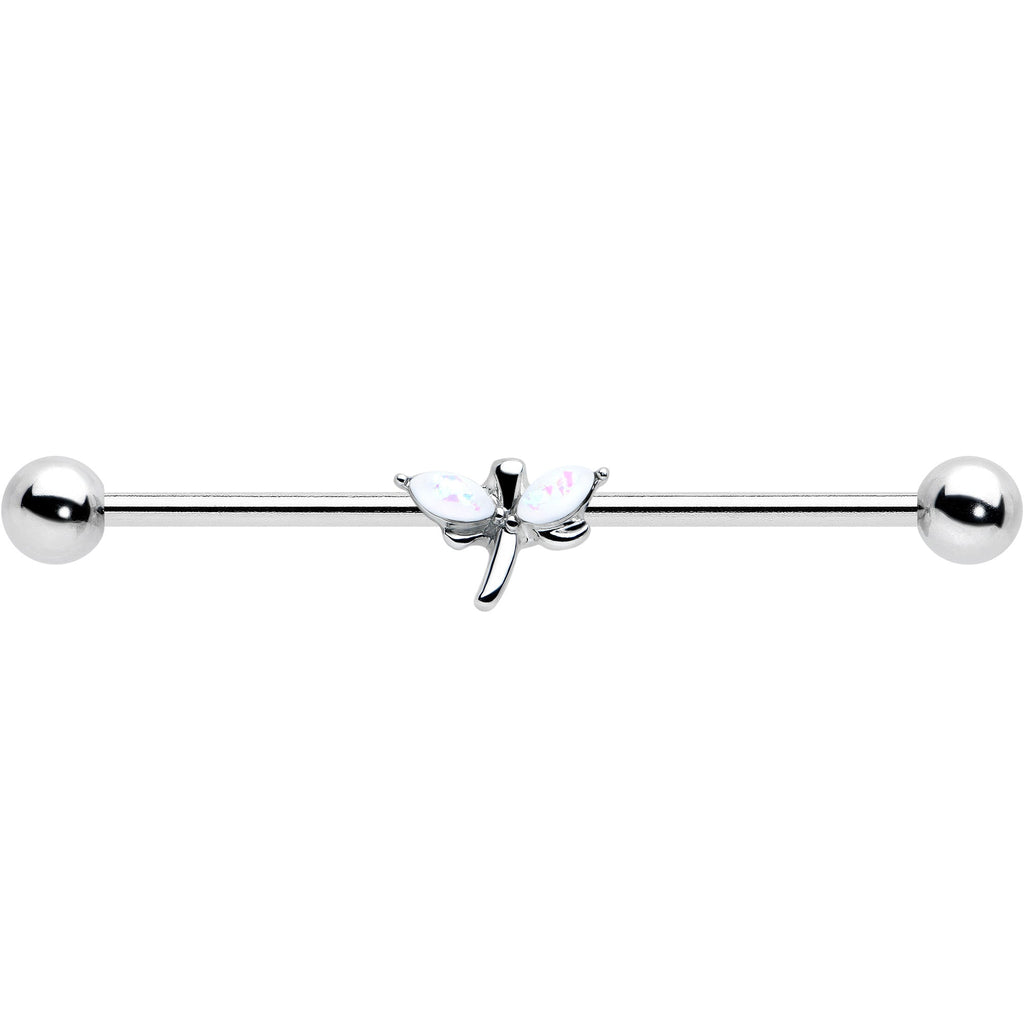BodyCandy 14G White Faux Opal Simple Style Dragonfly Industrial Barbell 38mm — detail close-up