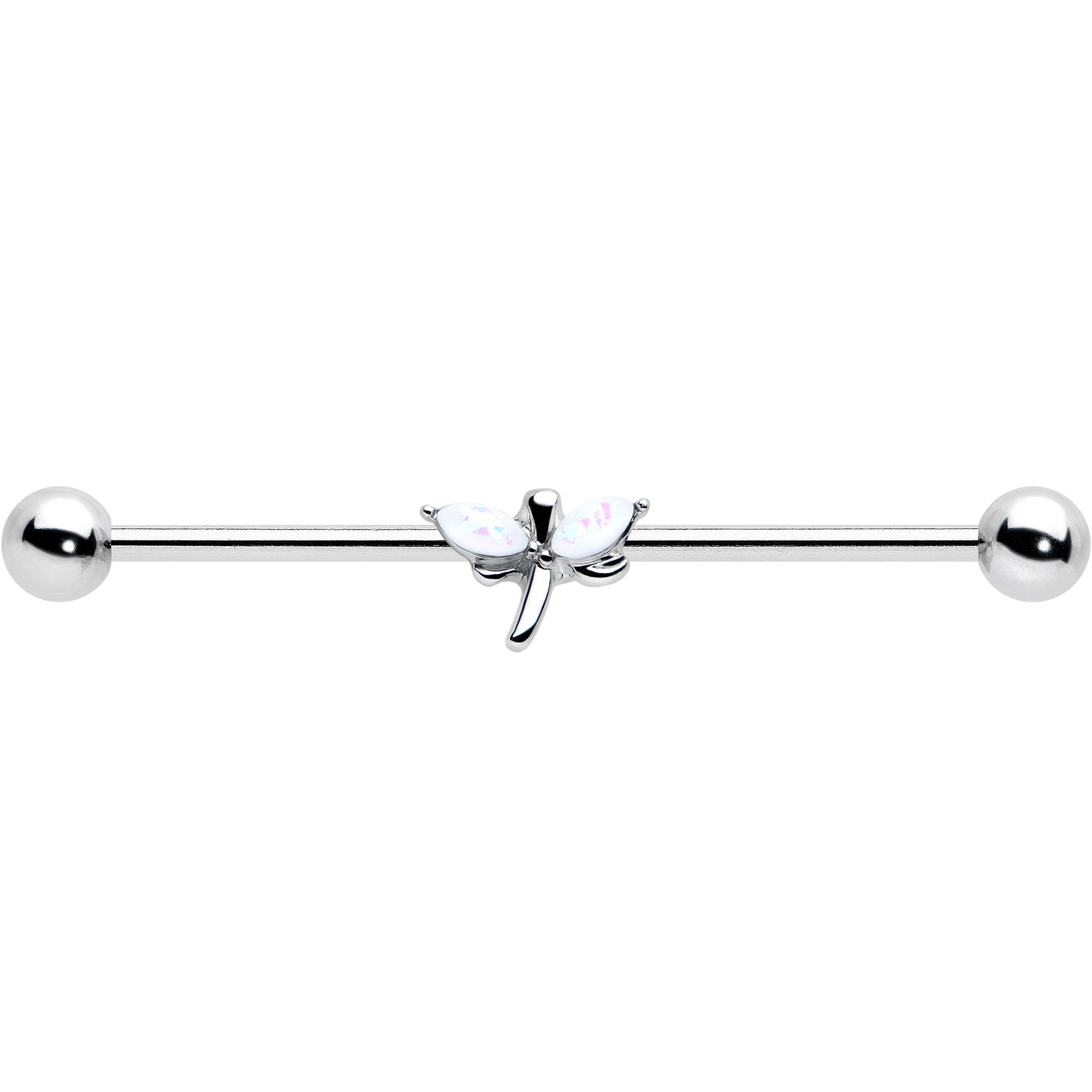 BodyCandy 14G White Faux Opal Simple Style Dragonfly Industrial Barbell 38mm — detail close-up