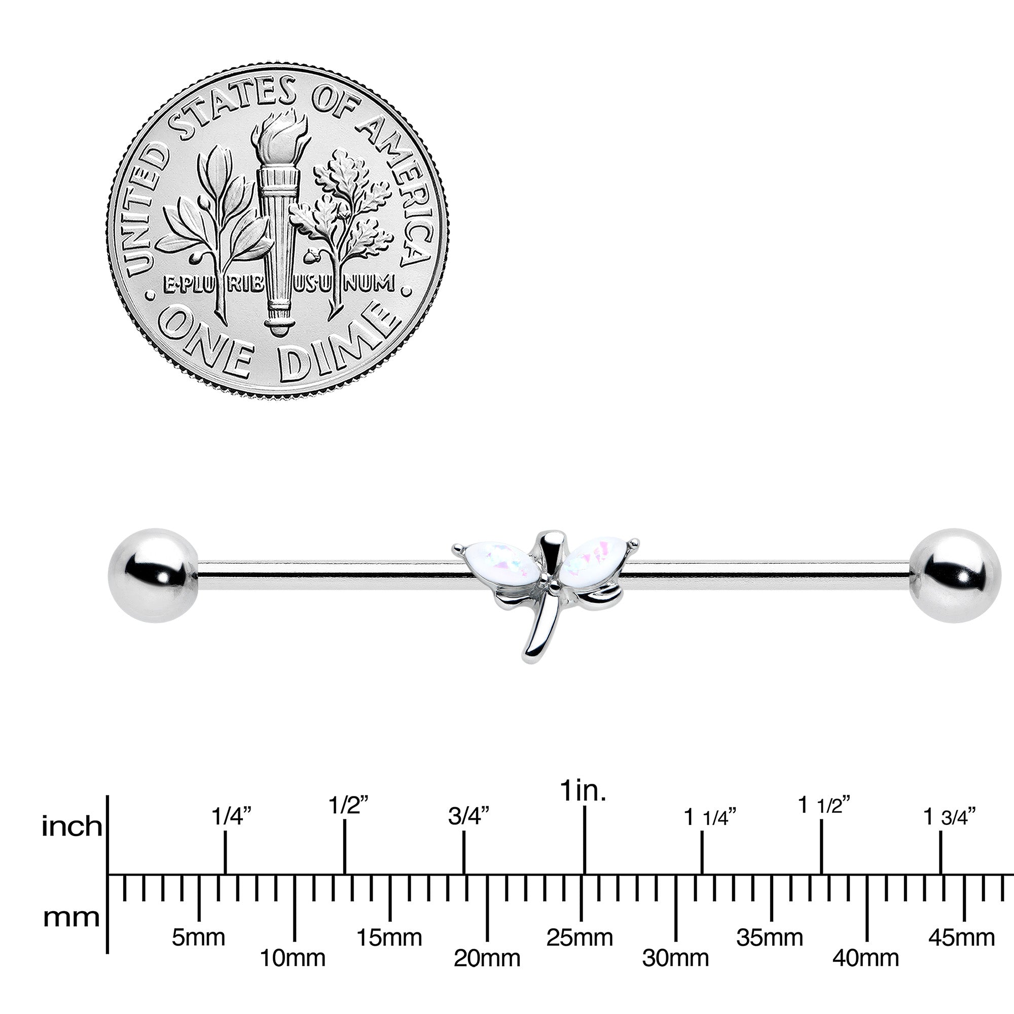 BodyCandy 14G White Faux Opal Simple Style Dragonfly Industrial Barbell 38mm — lifestyle context