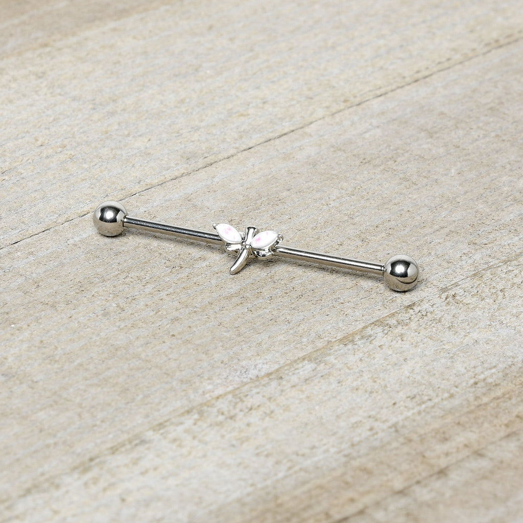 BodyCandy 14G White Faux Opal Simple Style Dragonfly Industrial Barbell 38mm — side view