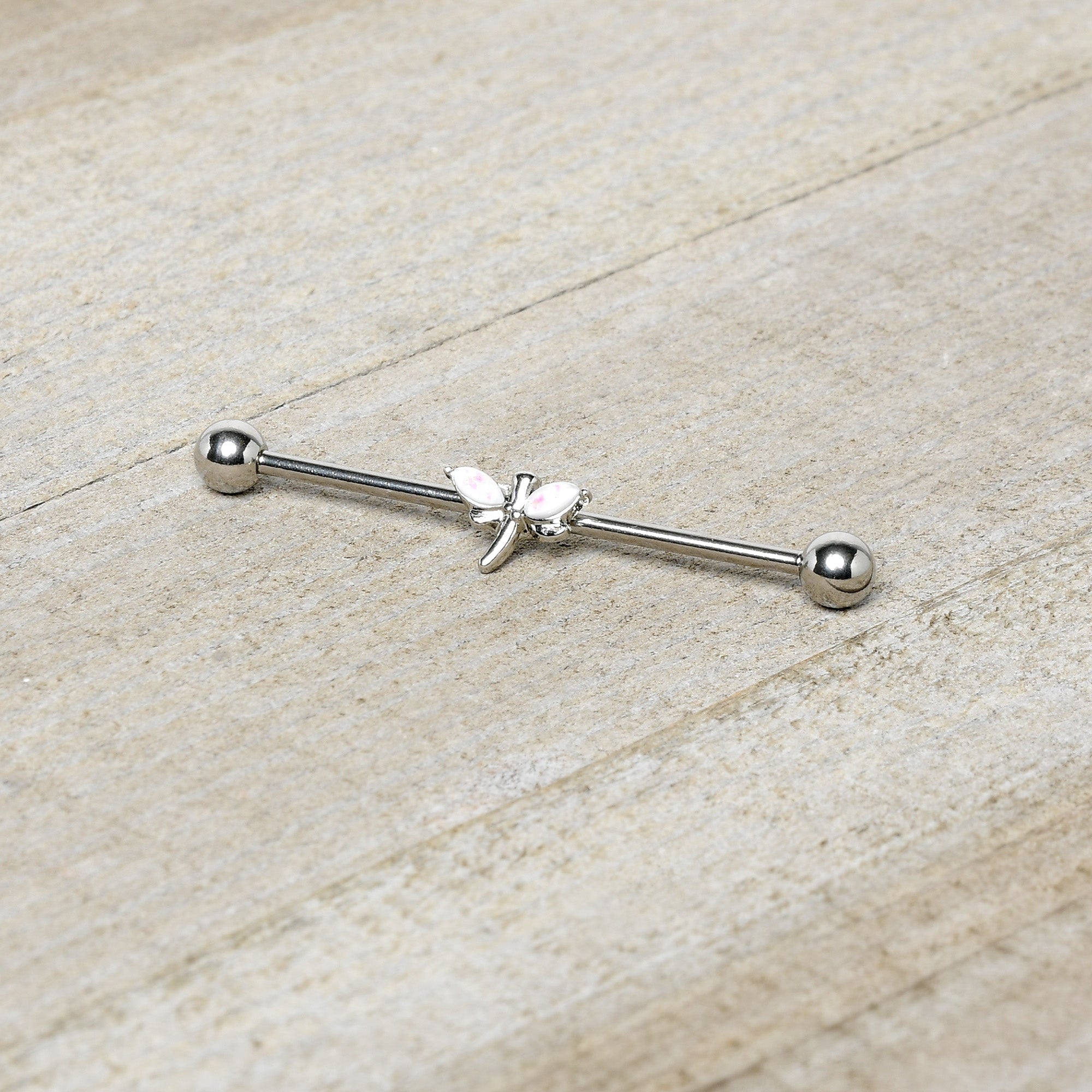 BodyCandy 14G White Faux Opal Simple Style Dragonfly Industrial Barbell 38mm — side view