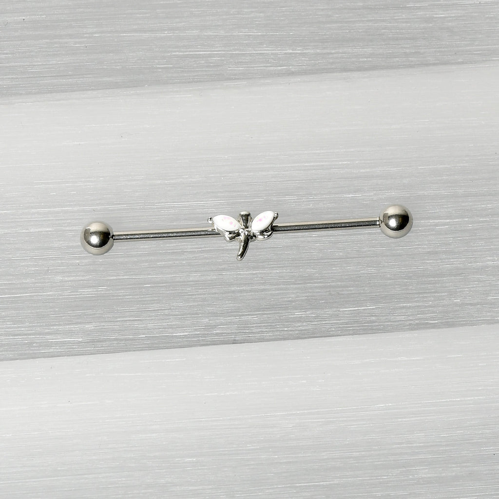 BodyCandy 14G White Faux Opal Simple Style Dragonfly Industrial Barbell 38mm — back view
