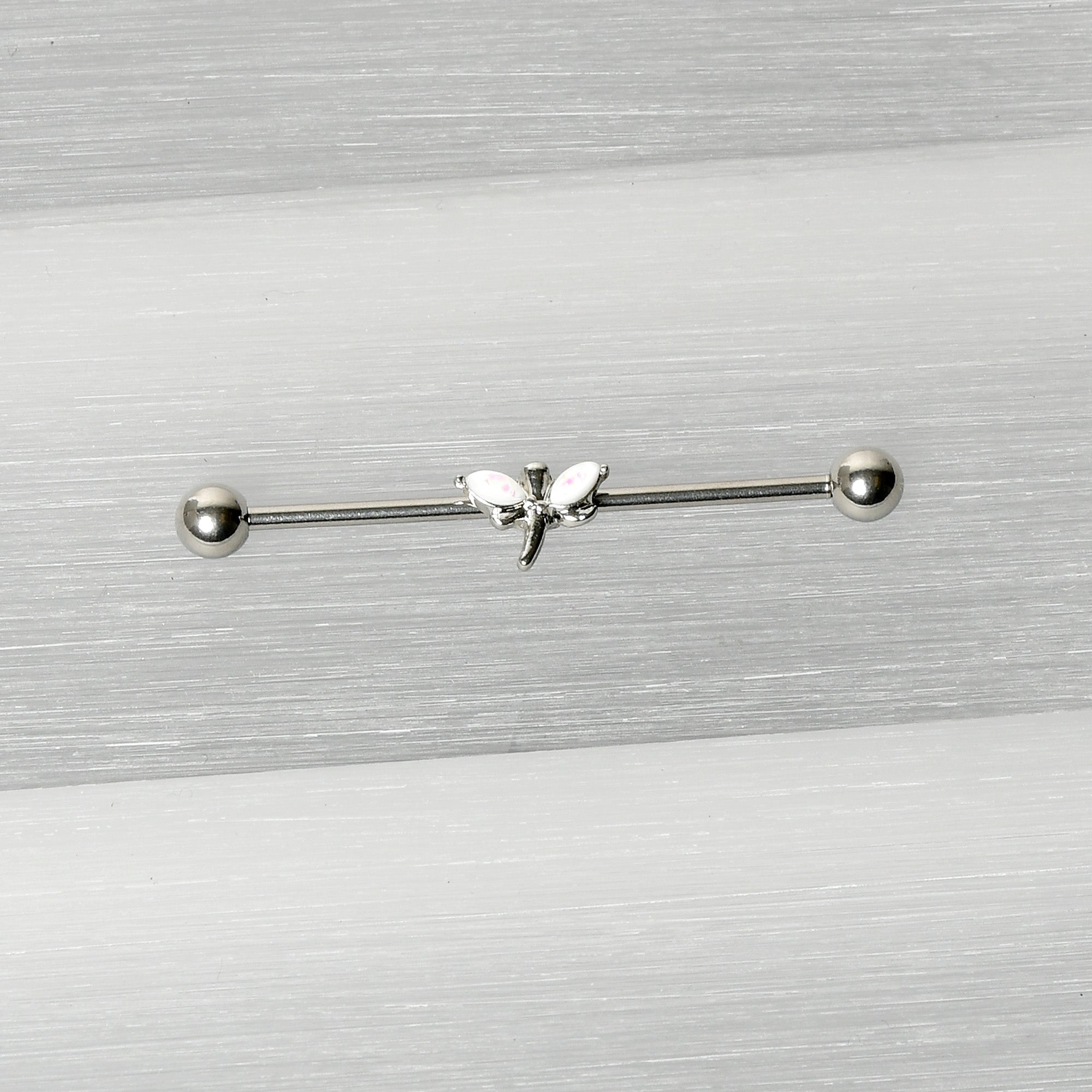 BodyCandy 14G White Faux Opal Simple Style Dragonfly Industrial Barbell 38mm — back view