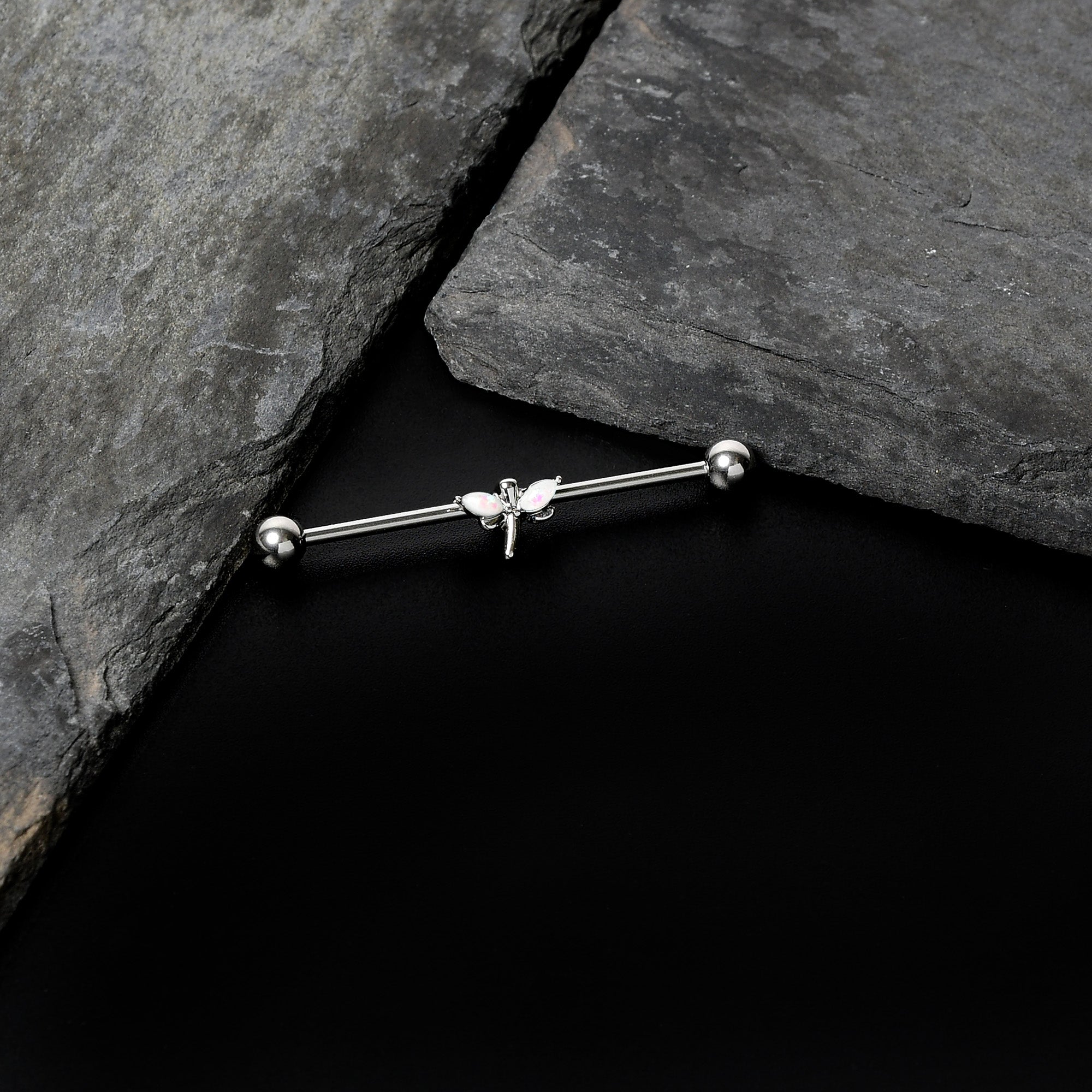BodyCandy 14G White Faux Opal Simple Style Dragonfly Industrial Barbell 38mm — alternative angle