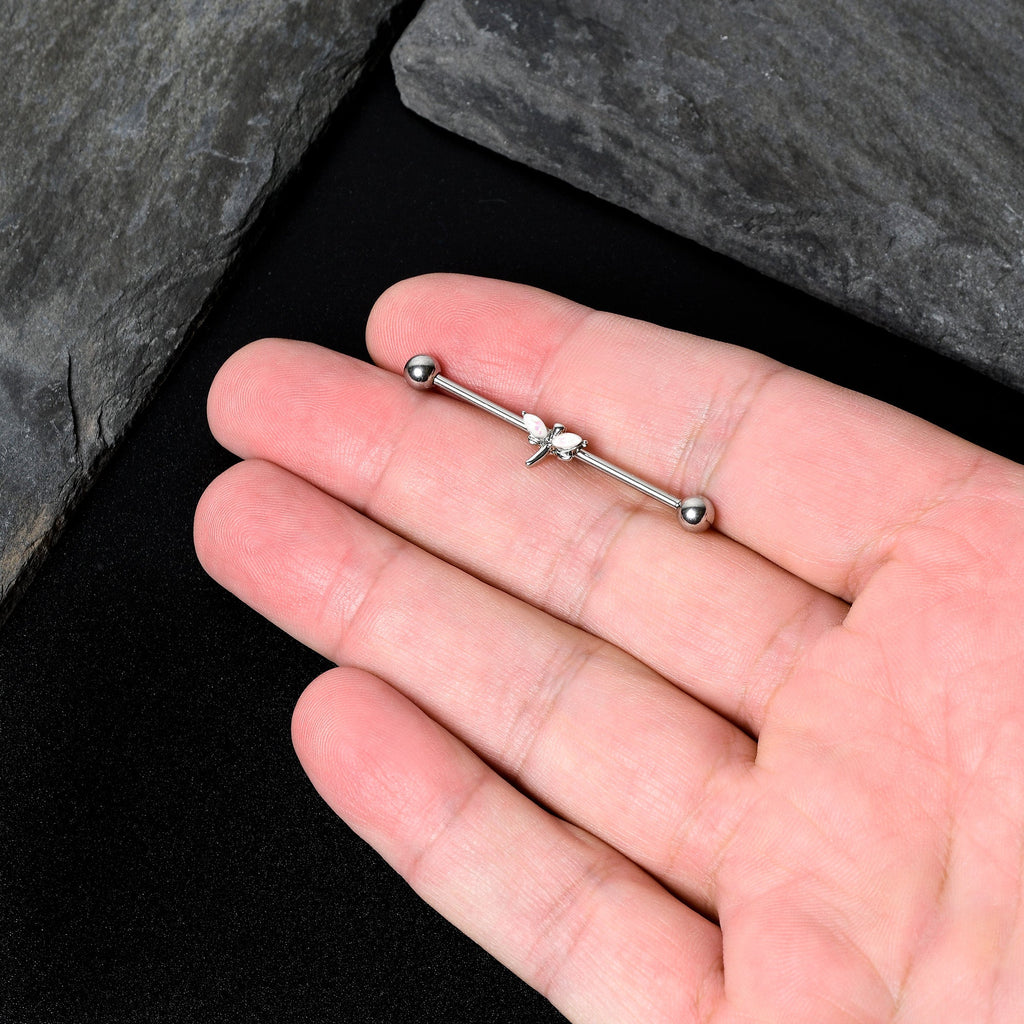 BodyCandy 14G White Faux Opal Simple Style Dragonfly Industrial Barbell 38mm — in-use photo