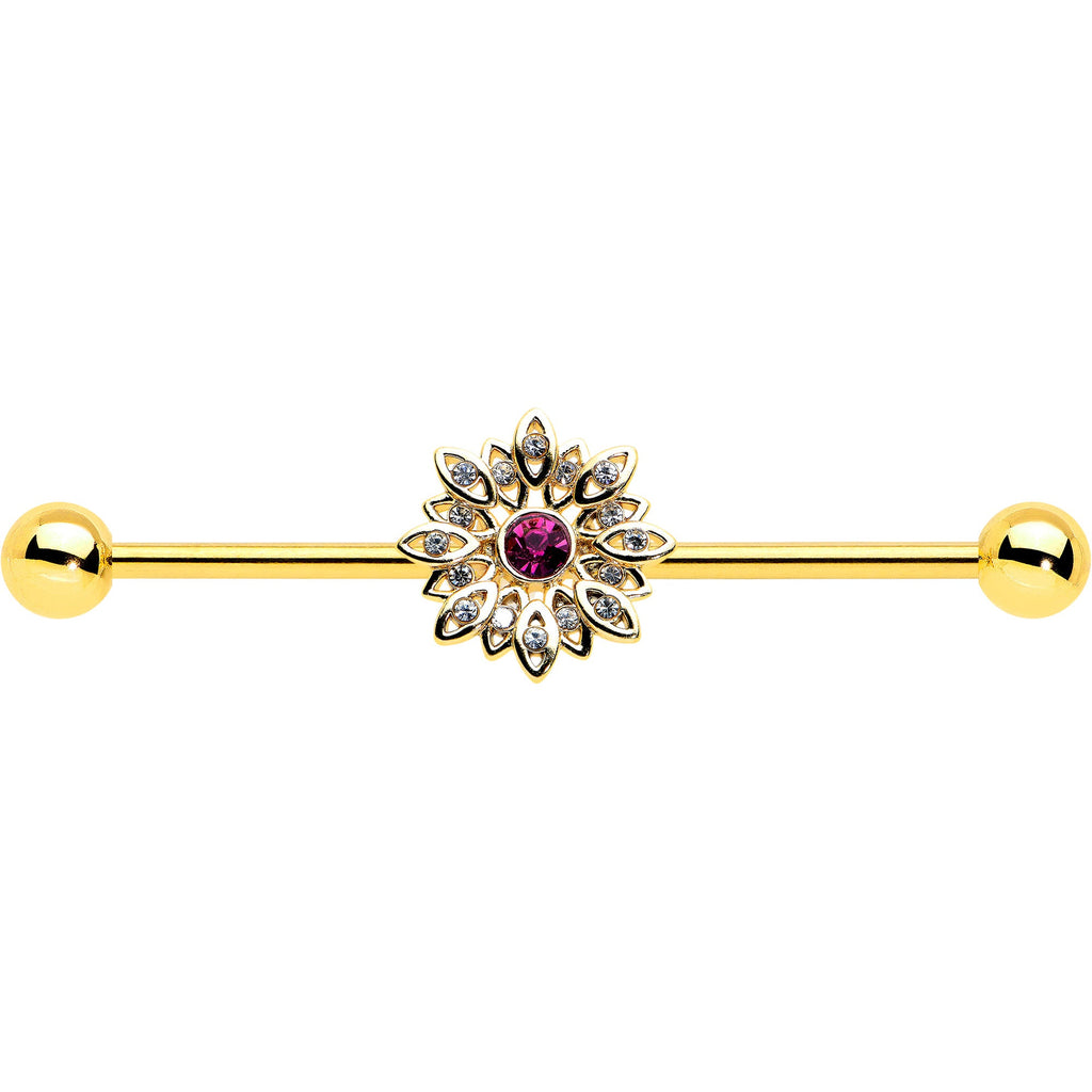 BodyCandy 14G Clear Pink Gem Gold Tone Starry Flower Industrial Barbell 38mm — detail close-up