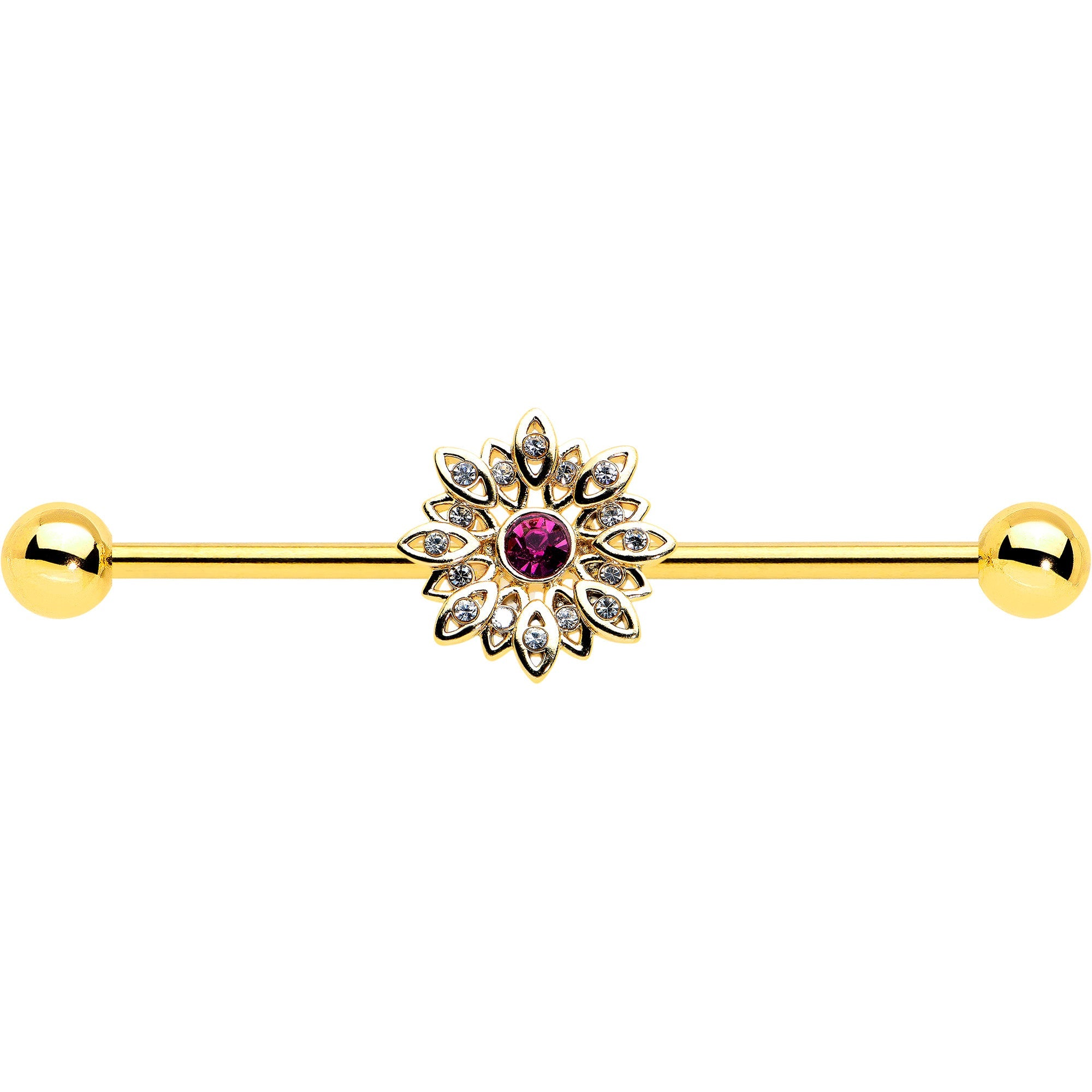 BodyCandy 14G Clear Pink Gem Gold Tone Starry Flower Industrial Barbell 38mm — detail close-up