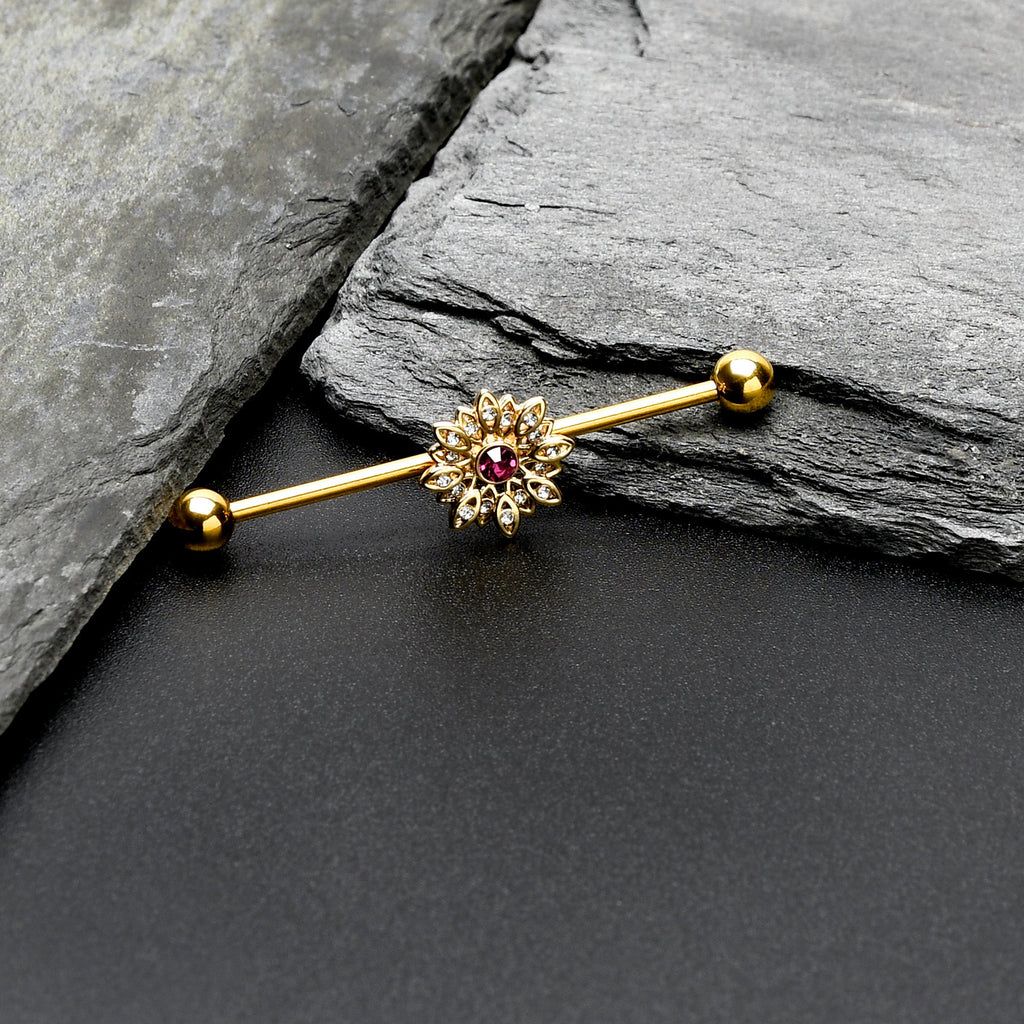 BodyCandy 14G Clear Pink Gem Gold Tone Starry Flower Industrial Barbell 38mm — side view