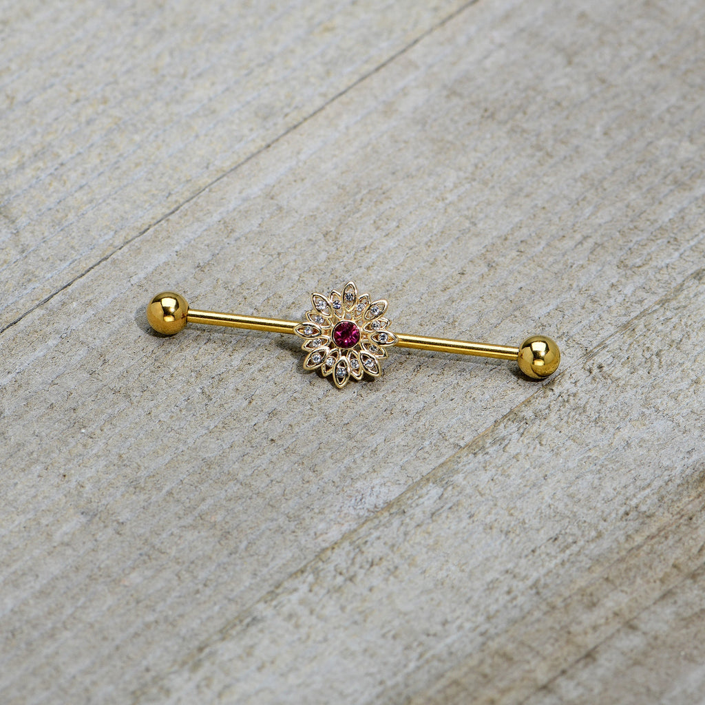 BodyCandy 14G Clear Pink Gem Gold Tone Starry Flower Industrial Barbell 38mm — back view