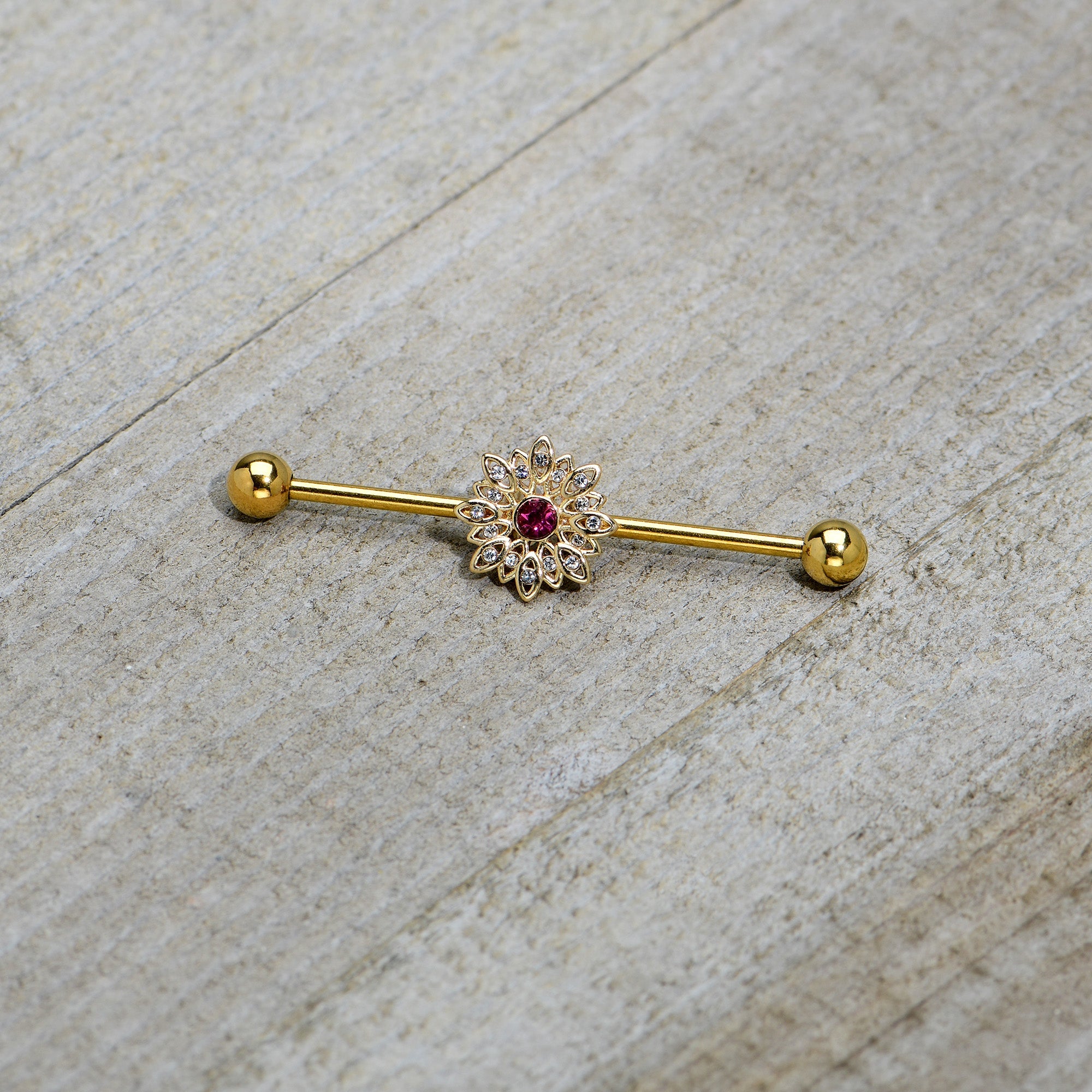 BodyCandy 14G Clear Pink Gem Gold Tone Starry Flower Industrial Barbell 38mm — back view