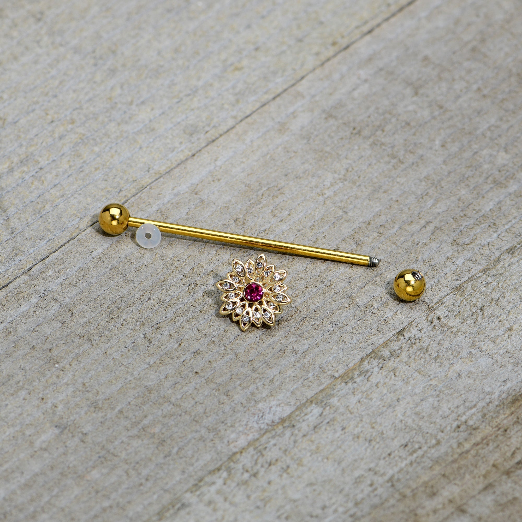 BodyCandy 14G Clear Pink Gem Gold Tone Starry Flower Industrial Barbell 38mm — alternative angle