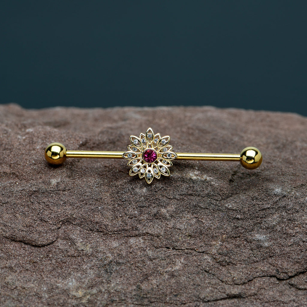 BodyCandy 14G Clear Pink Gem Gold Tone Starry Flower Industrial Barbell 38mm — in-use photo