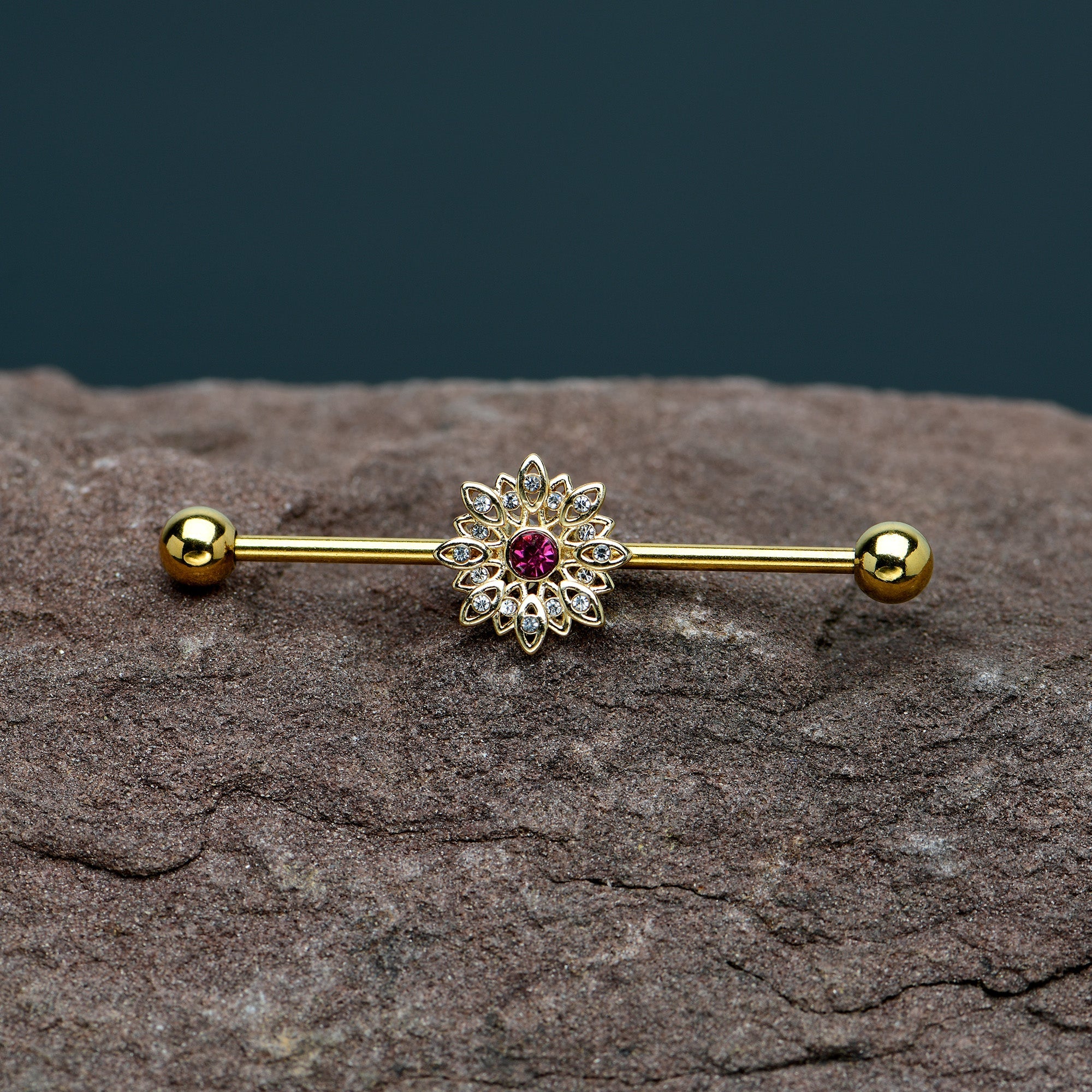 BodyCandy 14G Clear Pink Gem Gold Tone Starry Flower Industrial Barbell 38mm — in-use photo