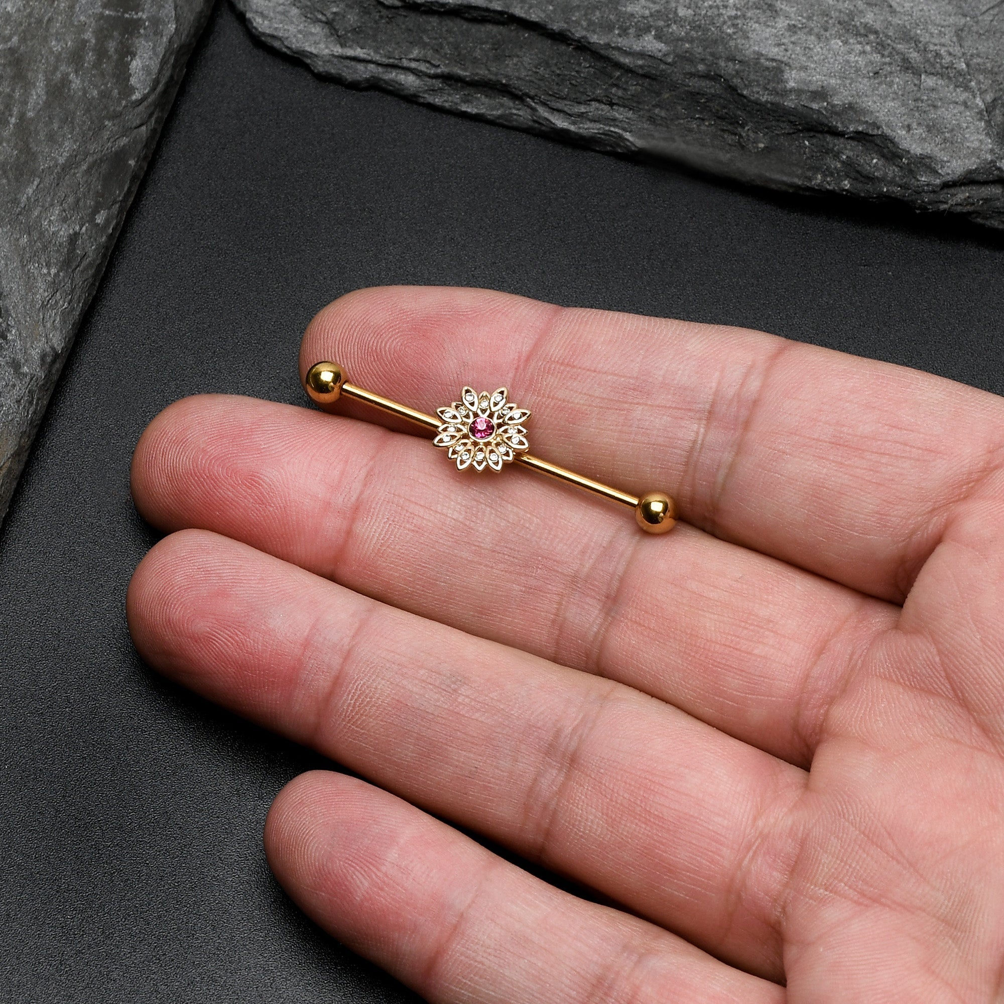 BodyCandy 14G Clear Pink Gem Gold Tone Starry Flower Industrial Barbell 38mm — size reference