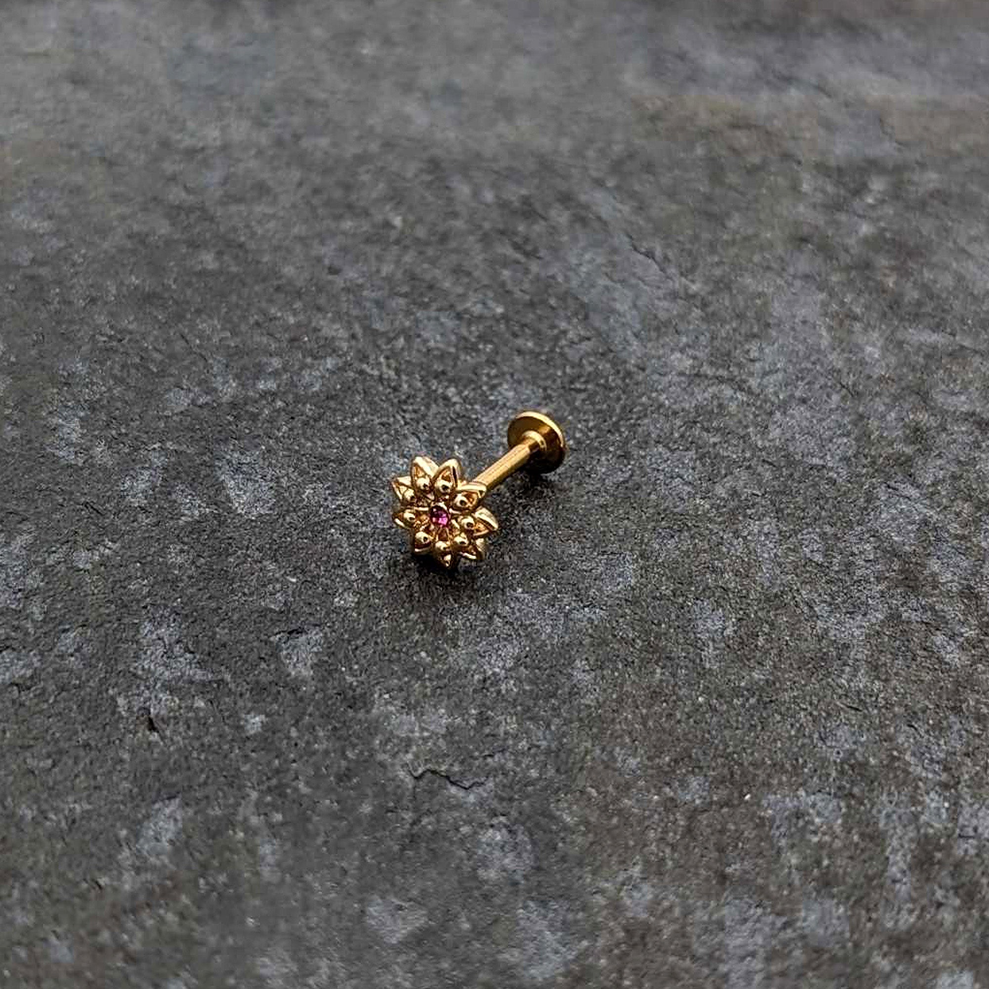BodyCandy 16G 5/16 Pink Gem Gold Tone Starry Flower Labret Monroe Tragus — alternative angle