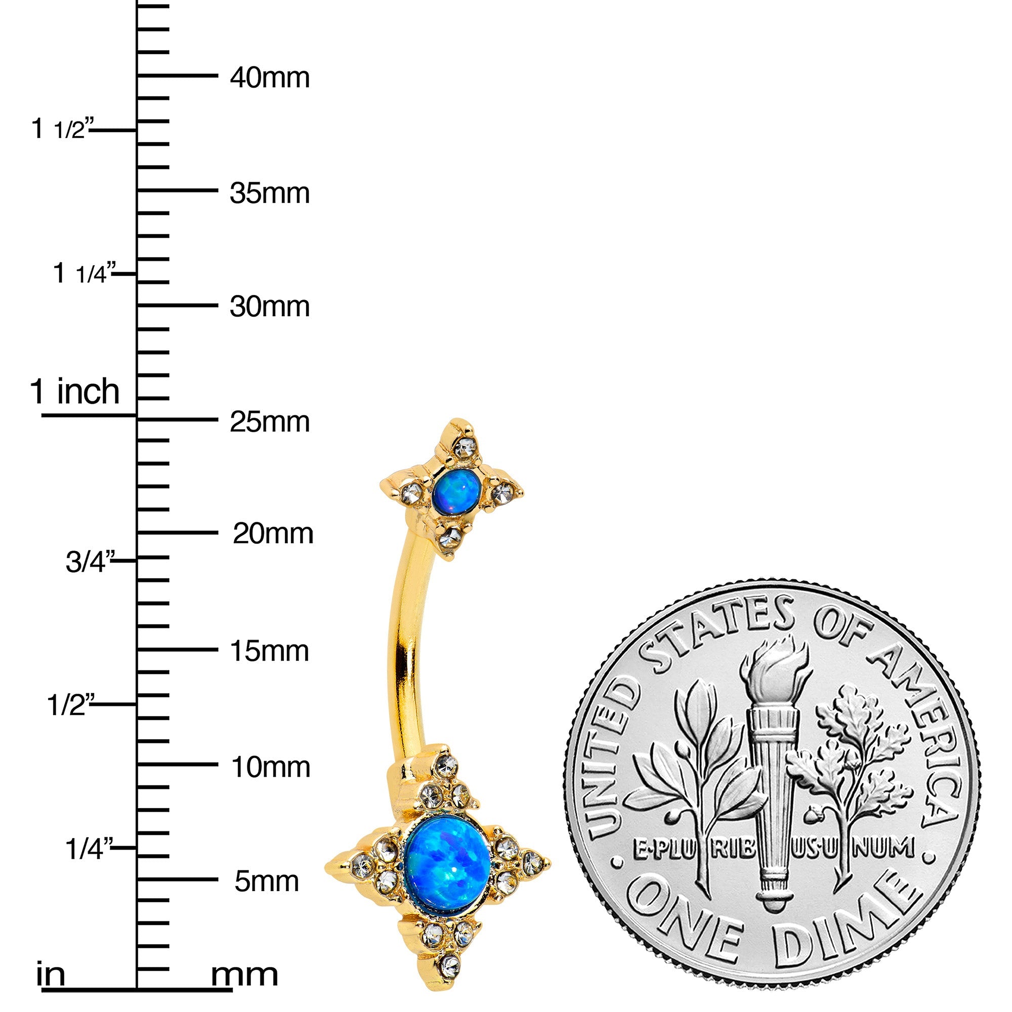 BodyCandy Blue Synthetic Opal Gold Tone Rhombus Duo Double Mount Belly Ring — detail close-up