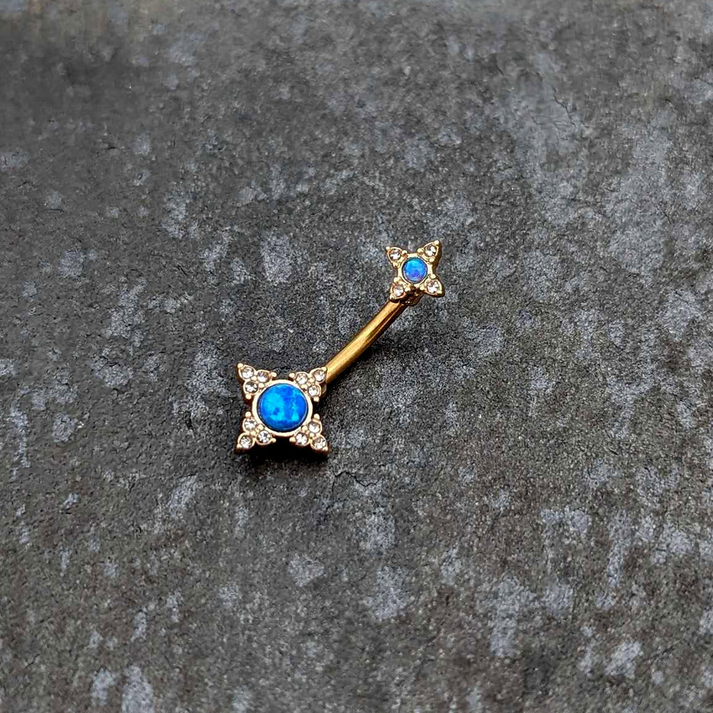 BodyCandy Blue Synthetic Opal Gold Tone Rhombus Duo Double Mount Belly Ring — side view
