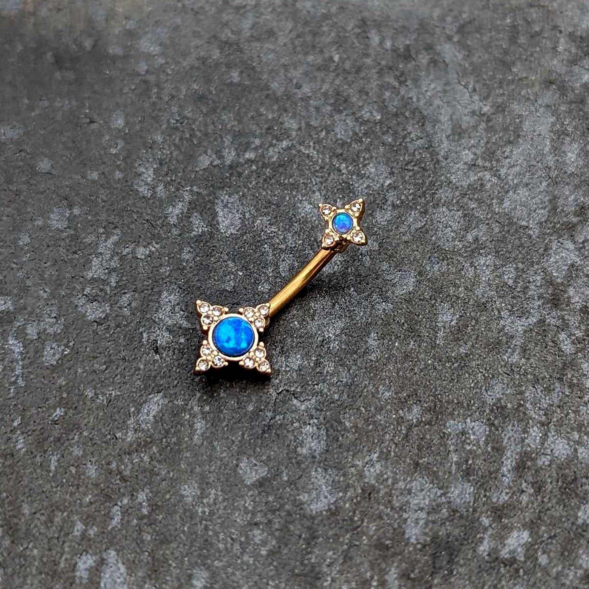 BodyCandy Blue Synthetic Opal Gold Tone Rhombus Duo Double Mount Belly Ring — side view