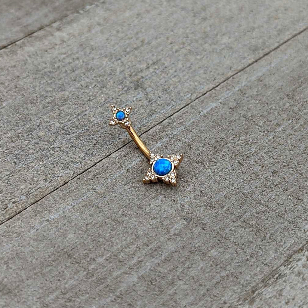 BodyCandy Blue Synthetic Opal Gold Tone Rhombus Duo Double Mount Belly Ring — back view