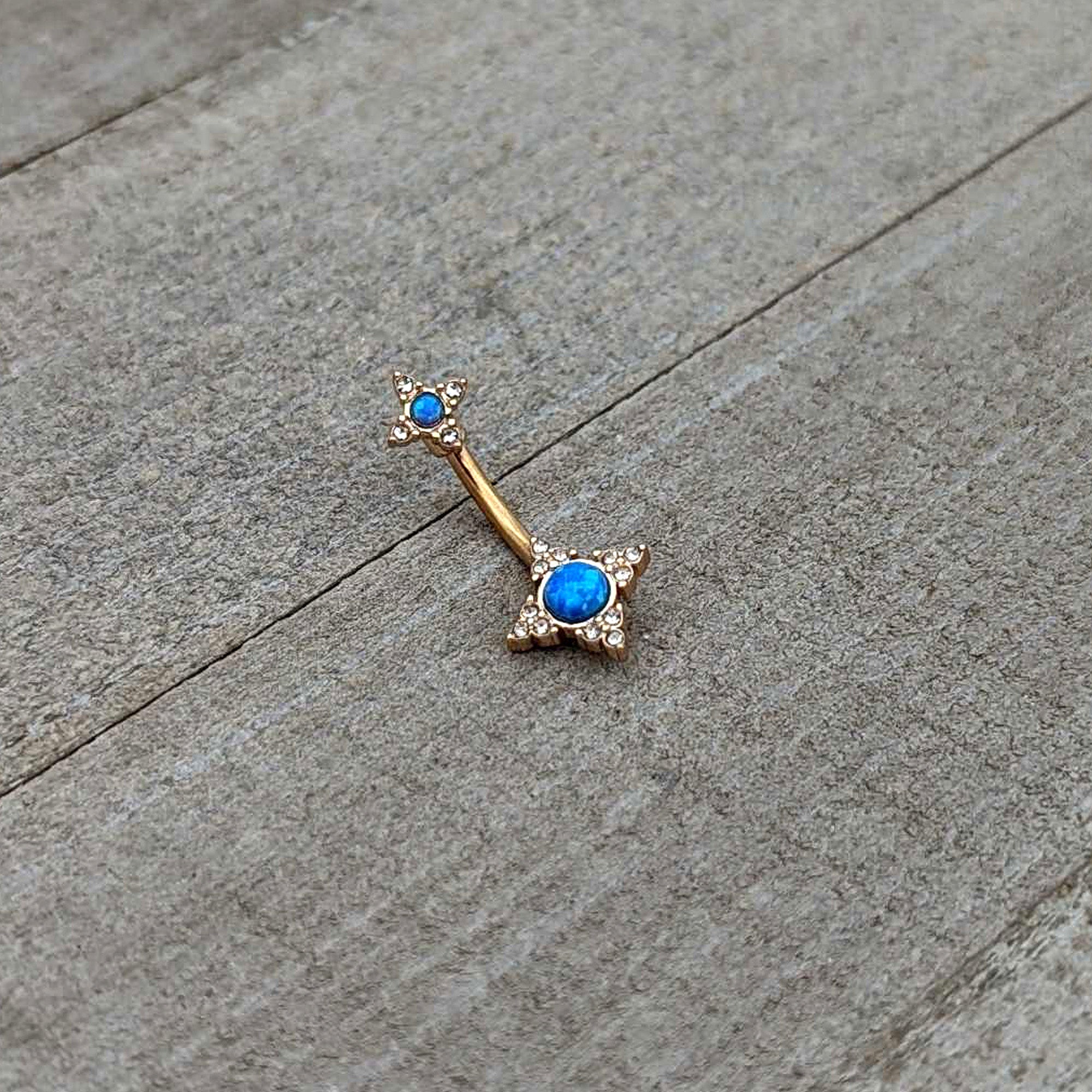 BodyCandy Blue Synthetic Opal Gold Tone Rhombus Duo Double Mount Belly Ring — back view