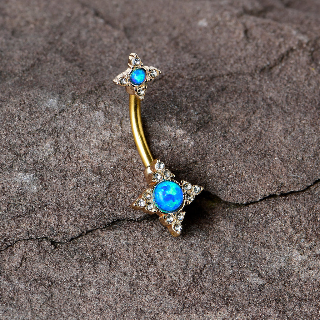 BodyCandy Blue Synthetic Opal Gold Tone Rhombus Duo Double Mount Belly Ring — in-use photo
