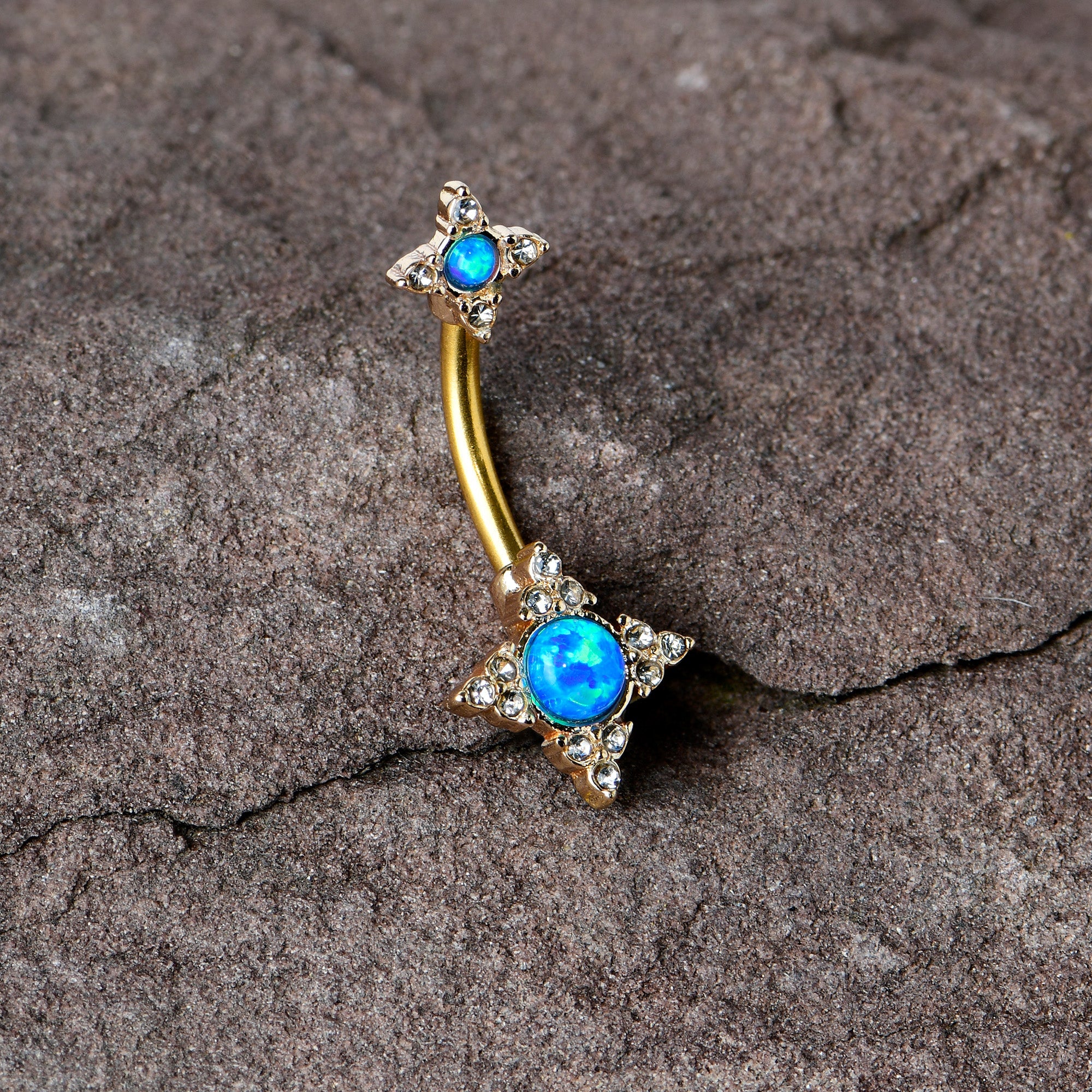 BodyCandy Blue Synthetic Opal Gold Tone Rhombus Duo Double Mount Belly Ring — in-use photo