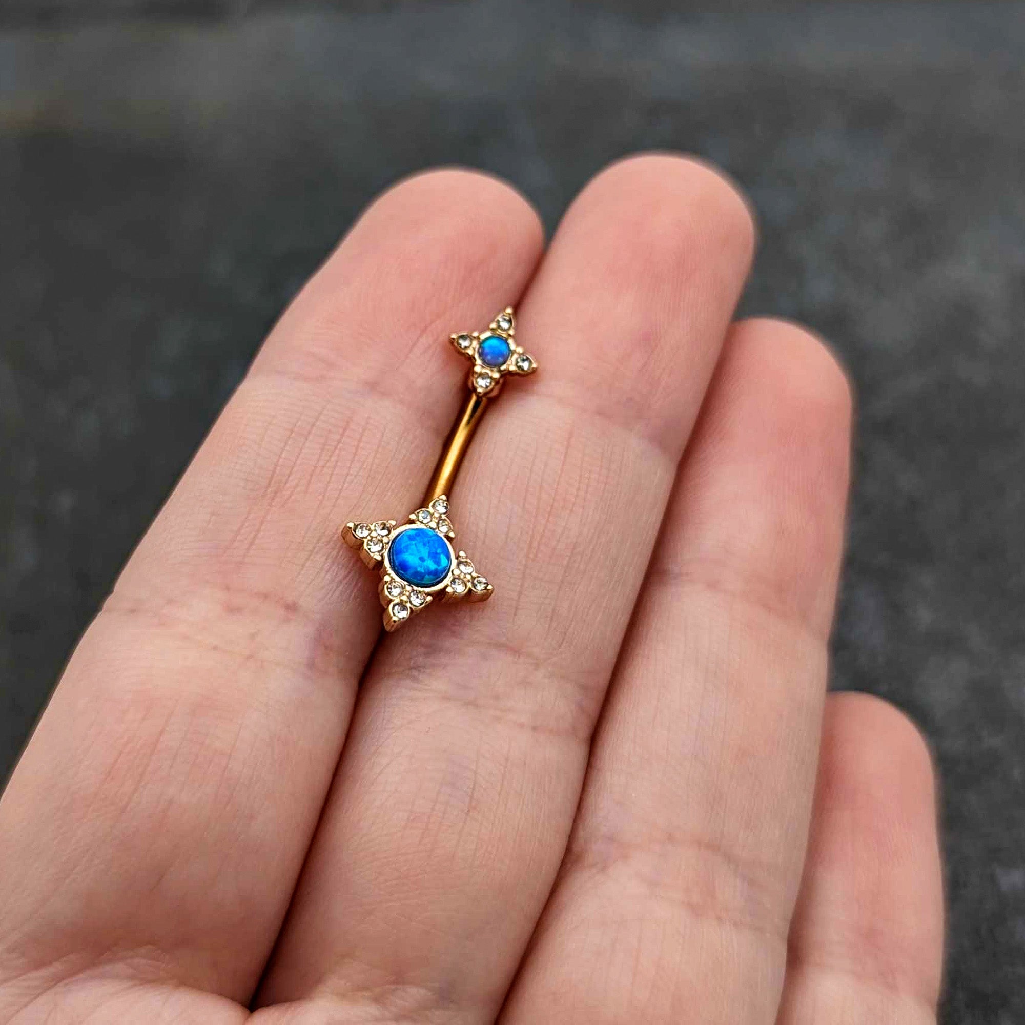 BodyCandy Blue Synthetic Opal Gold Tone Rhombus Duo Double Mount Belly Ring — size reference