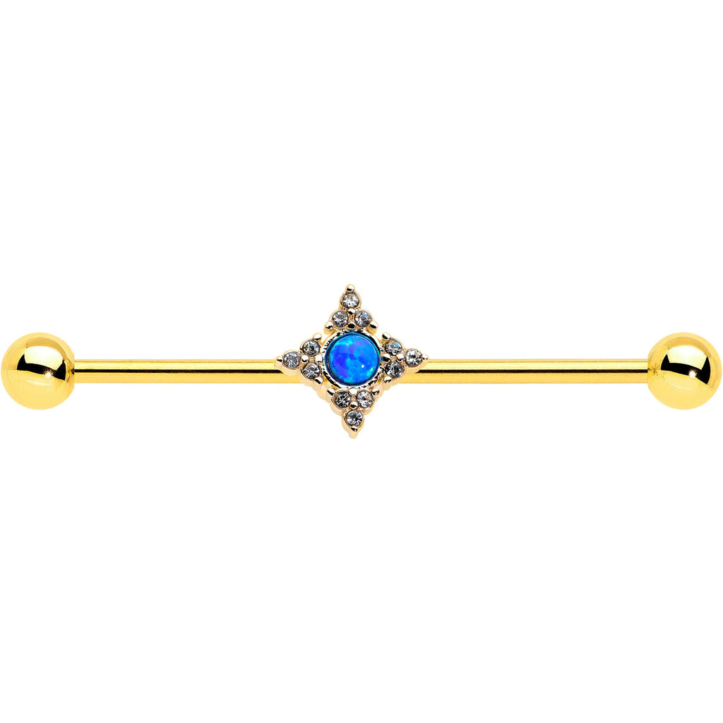 BodyCandy 14G Blue Synthetic Opal Gold Tone Rhombus Industrial Barbell 38mm — detail close-up