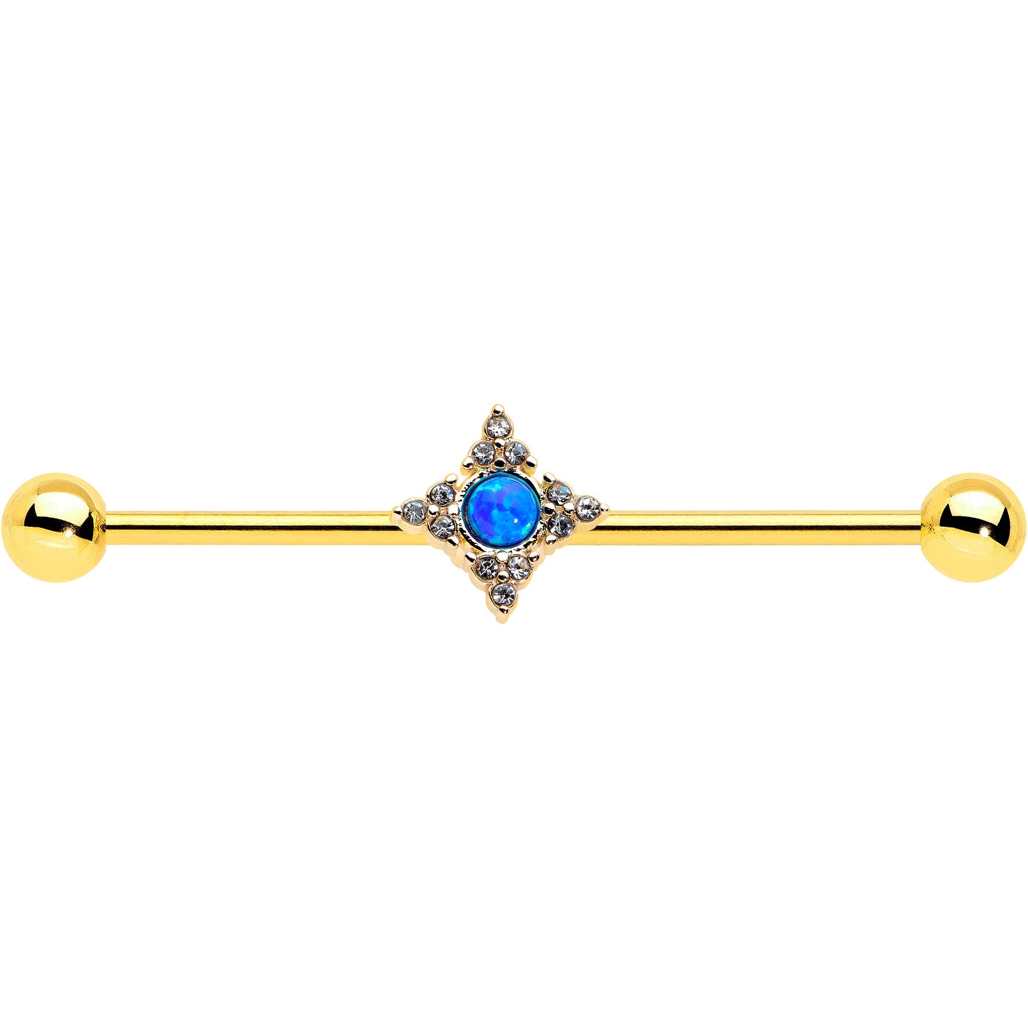 BodyCandy 14G Blue Synthetic Opal Gold Tone Rhombus Industrial Barbell 38mm — detail close-up