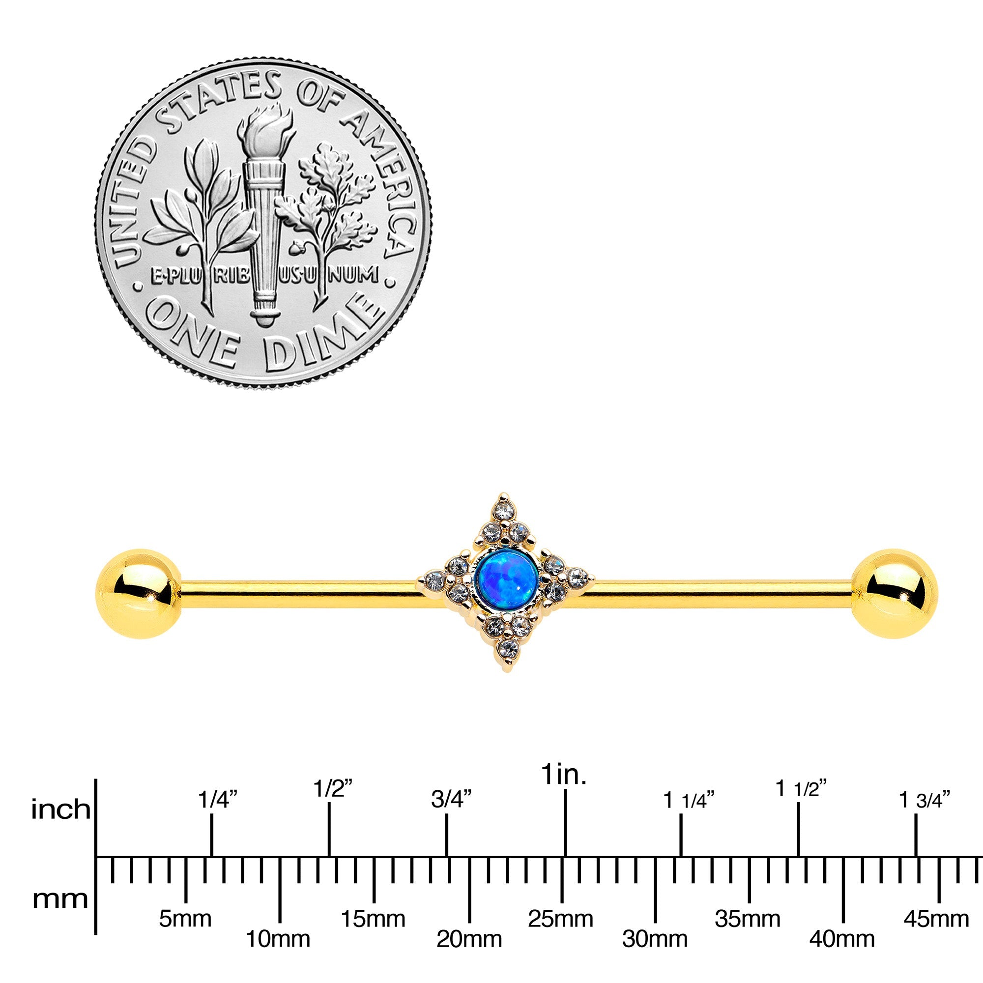 BodyCandy 14G Blue Synthetic Opal Gold Tone Rhombus Industrial Barbell 38mm — lifestyle context