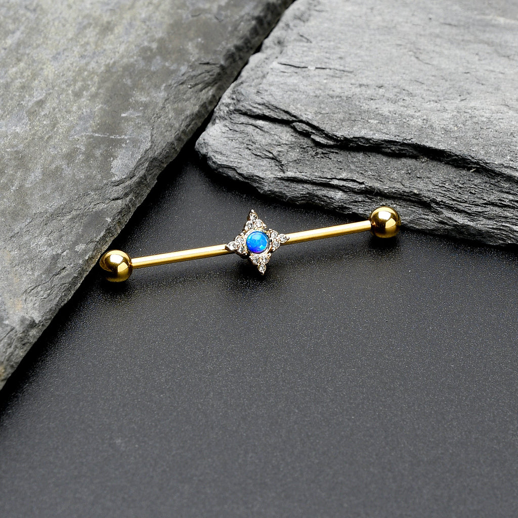 BodyCandy 14G Blue Synthetic Opal Gold Tone Rhombus Industrial Barbell 38mm — side view
