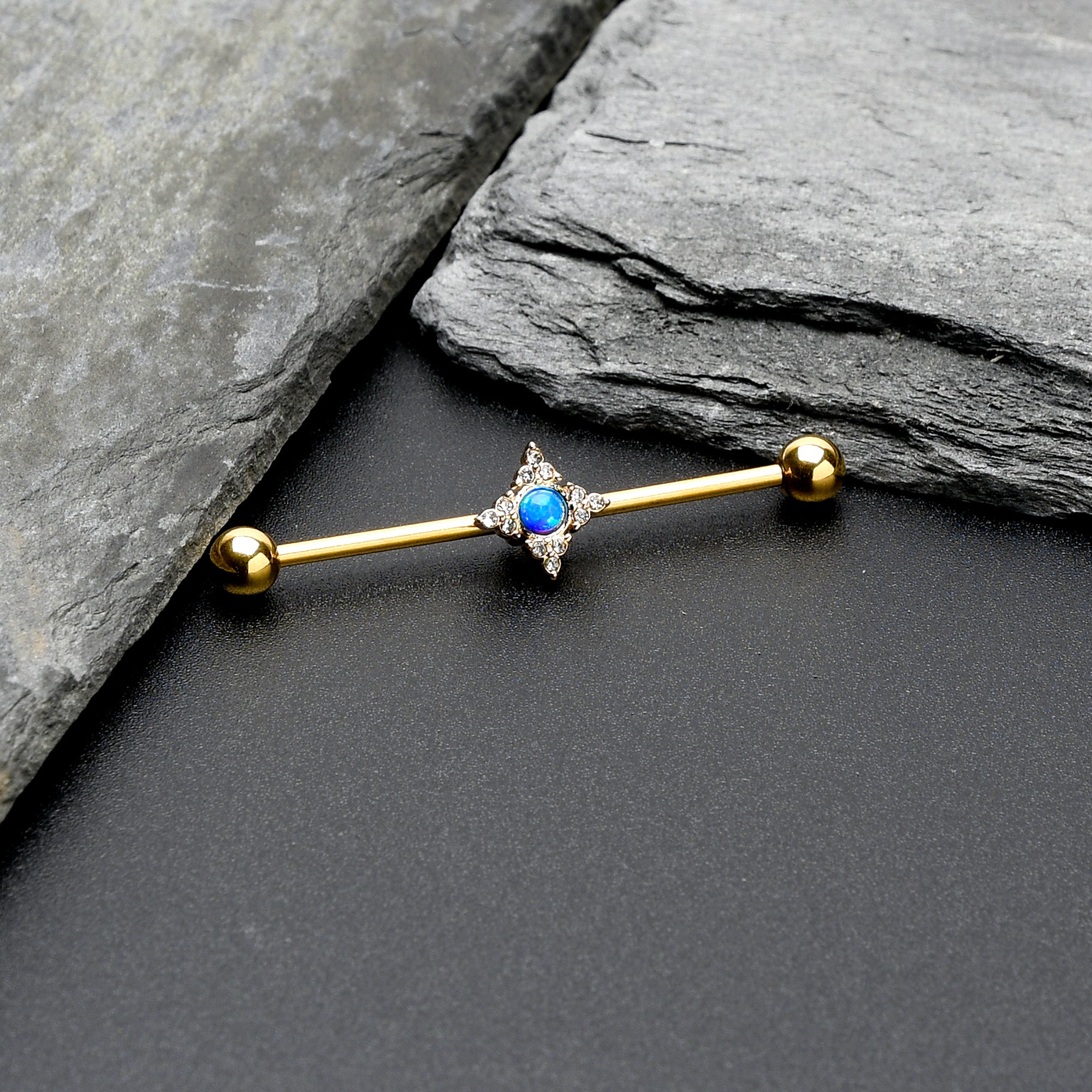 BodyCandy 14G Blue Synthetic Opal Gold Tone Rhombus Industrial Barbell 38mm — side view