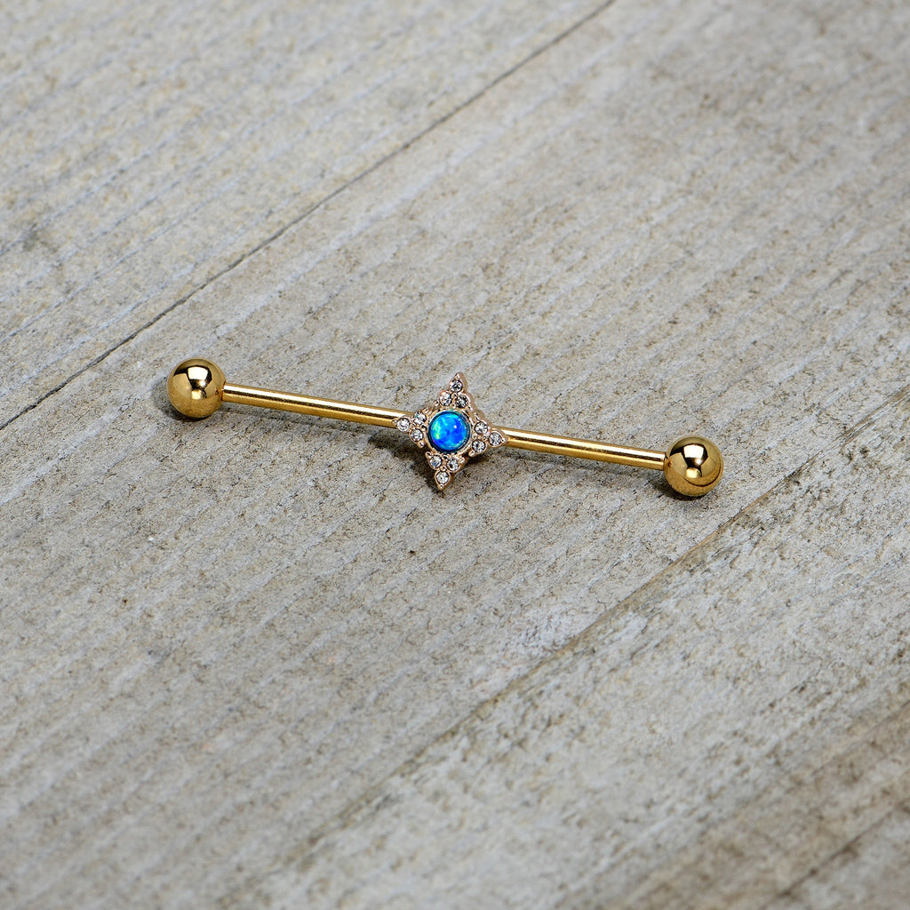 BodyCandy 14G Blue Synthetic Opal Gold Tone Rhombus Industrial Barbell 38mm — back view