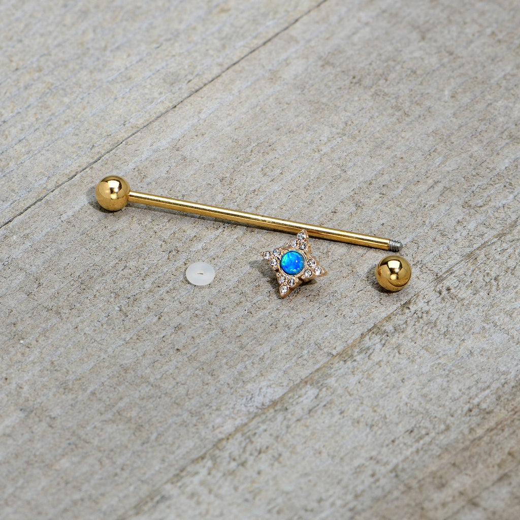 BodyCandy 14G Blue Synthetic Opal Gold Tone Rhombus Industrial Barbell 38mm — alternative angle