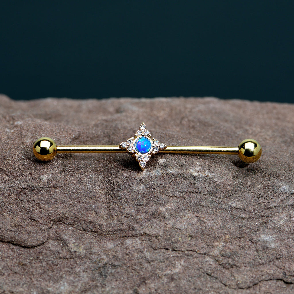 BodyCandy 14G Blue Synthetic Opal Gold Tone Rhombus Industrial Barbell 38mm — in-use photo