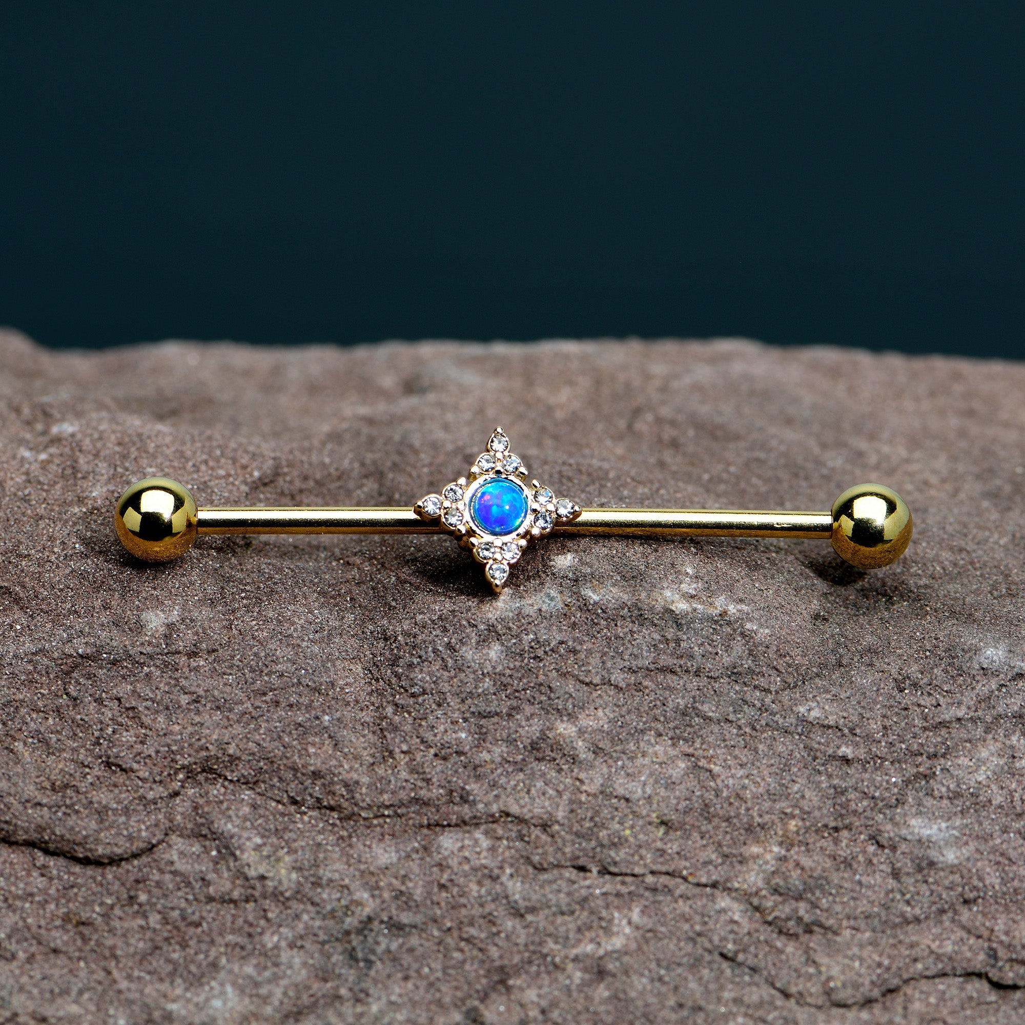 BodyCandy 14G Blue Synthetic Opal Gold Tone Rhombus Industrial Barbell 38mm — in-use photo