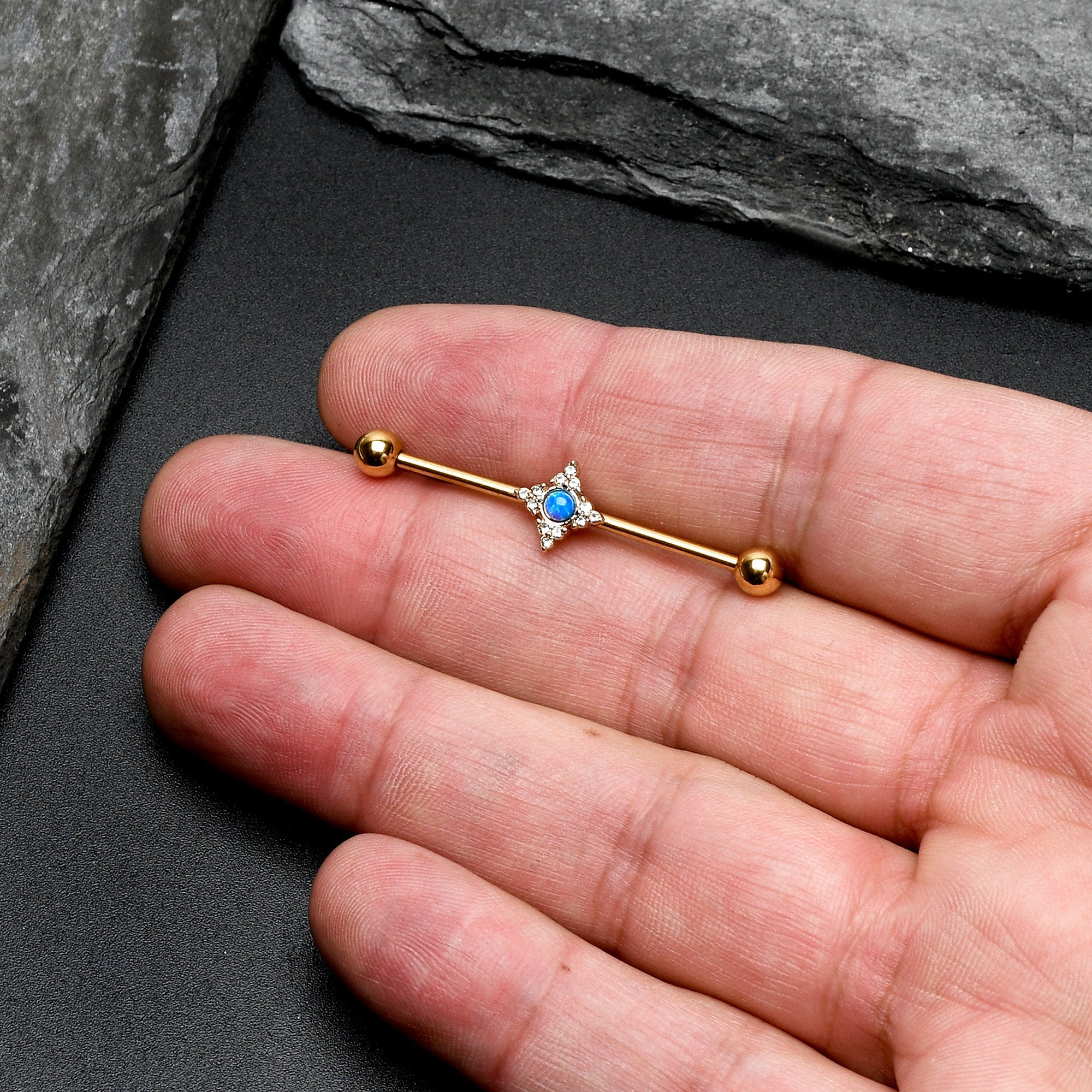 BodyCandy 14G Blue Synthetic Opal Gold Tone Rhombus Industrial Barbell 38mm — size reference