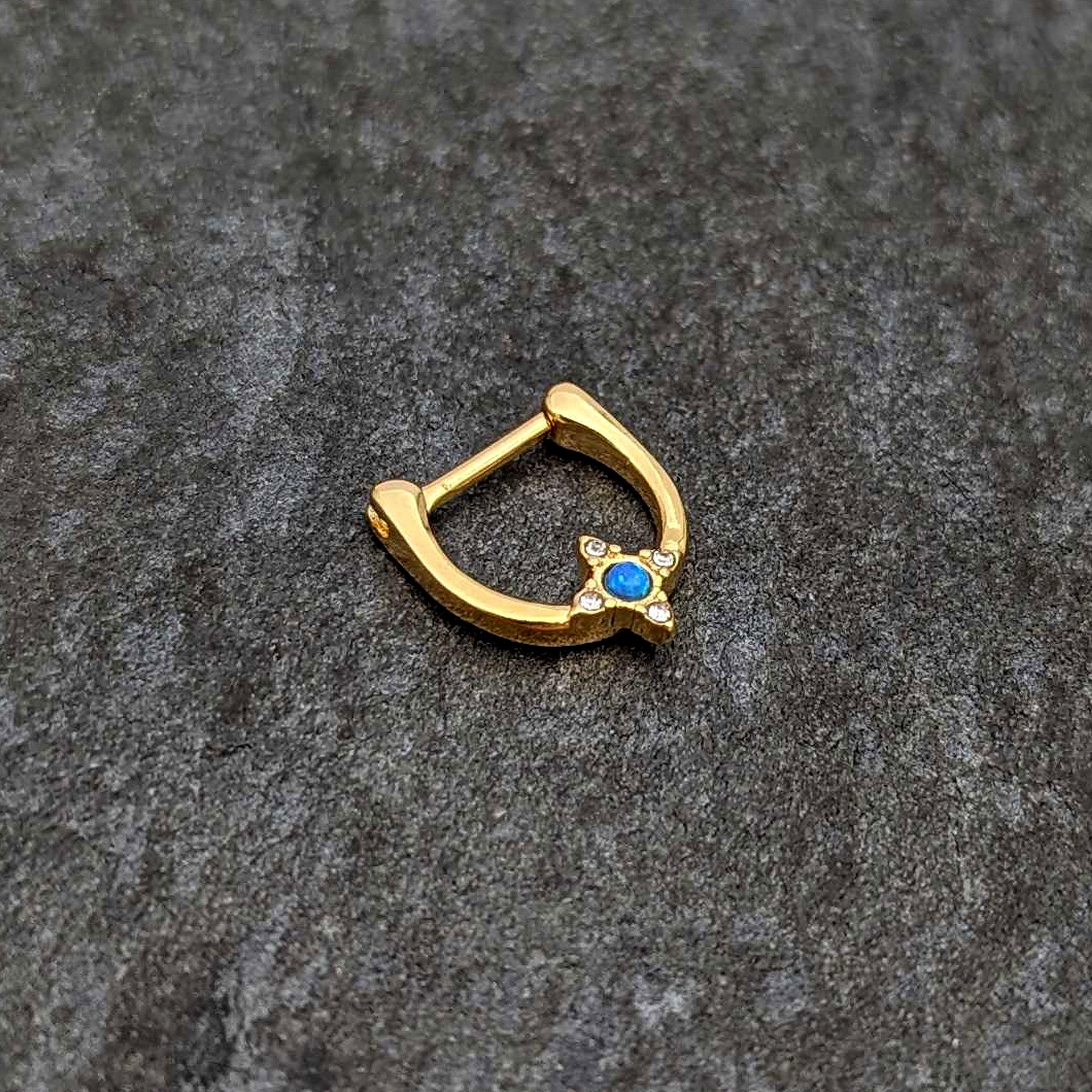 BodyCandy 16G 5/16 Blue Synthetic Opal Gold Tone Rhombus Cartilage Clicker — side view