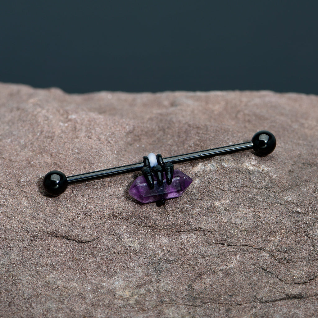 BodyCandy 14G Purple Amethyst Black Claw Industrial Barbell 38mm — in-use photo