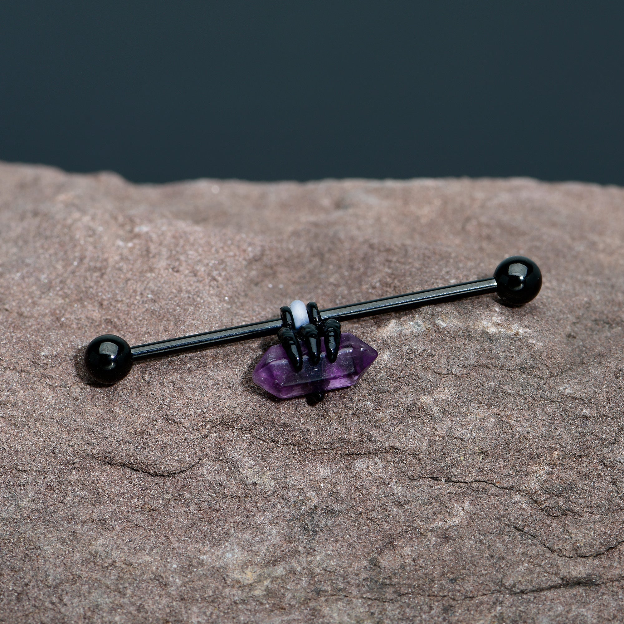 BodyCandy 14G Purple Amethyst Black Claw Industrial Barbell 38mm — in-use photo